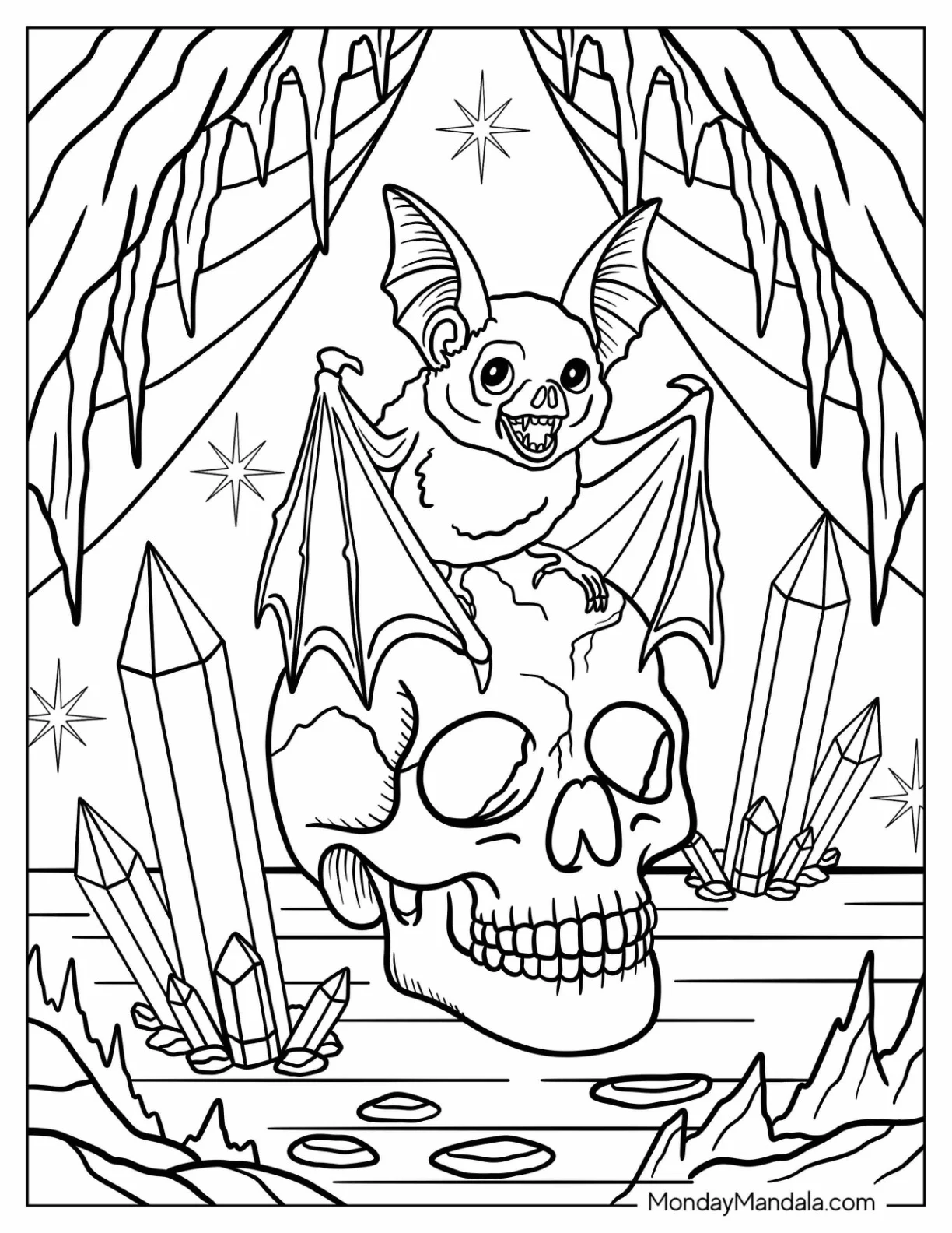 Bat Coloring Page Sitting on a Skull in a Cave with Crystals coloring page