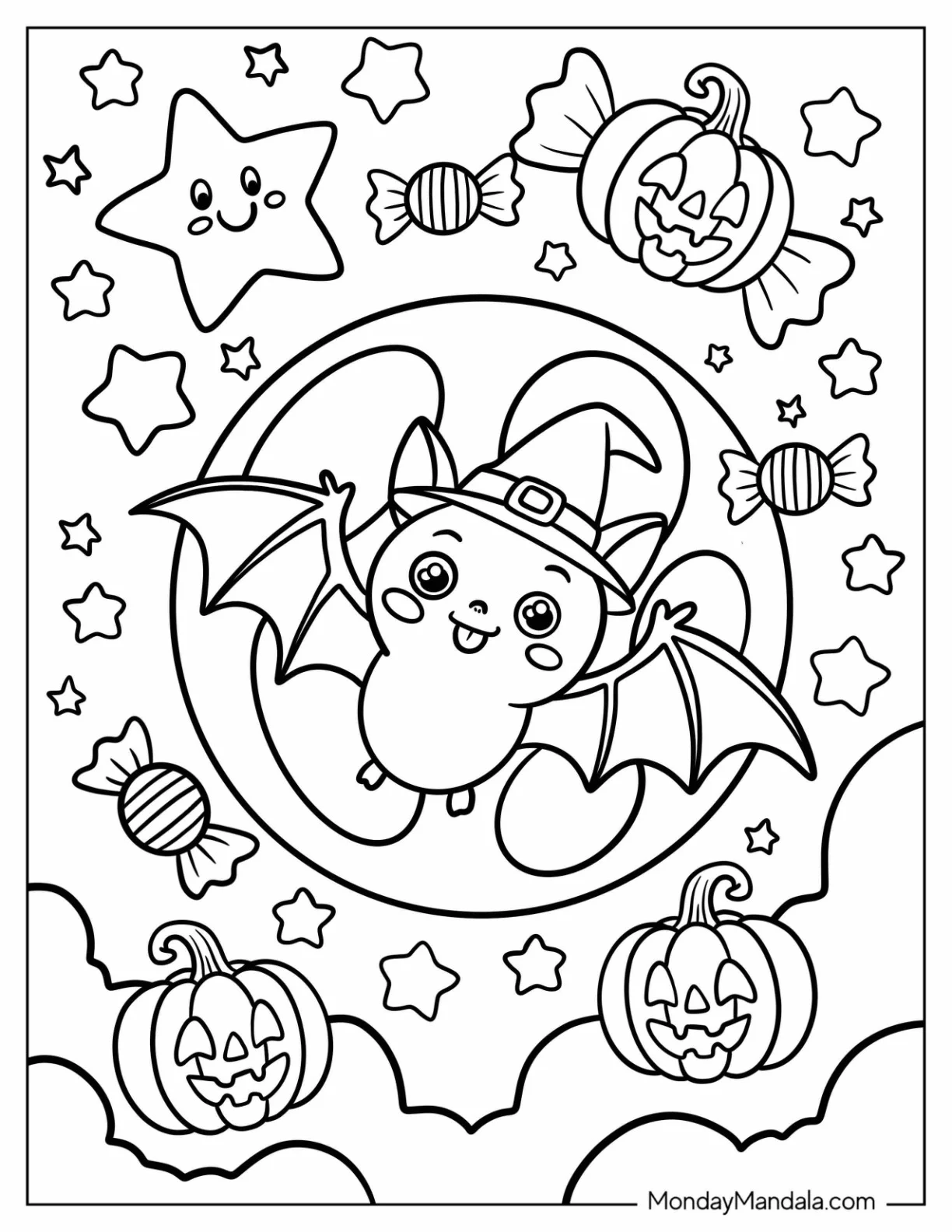 Cartoon Bat Coloring Page Wearing Witch Hat with Full Moon, Candies, Stars, and Jack O Lanterns coloring page
