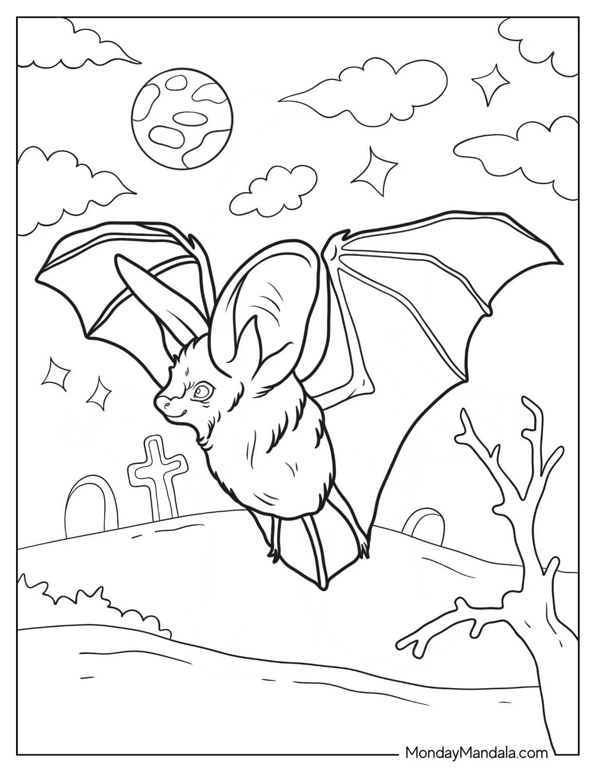 Creepy Bat Coloring Page Flying Over Graveyard On Halloween coloring page
