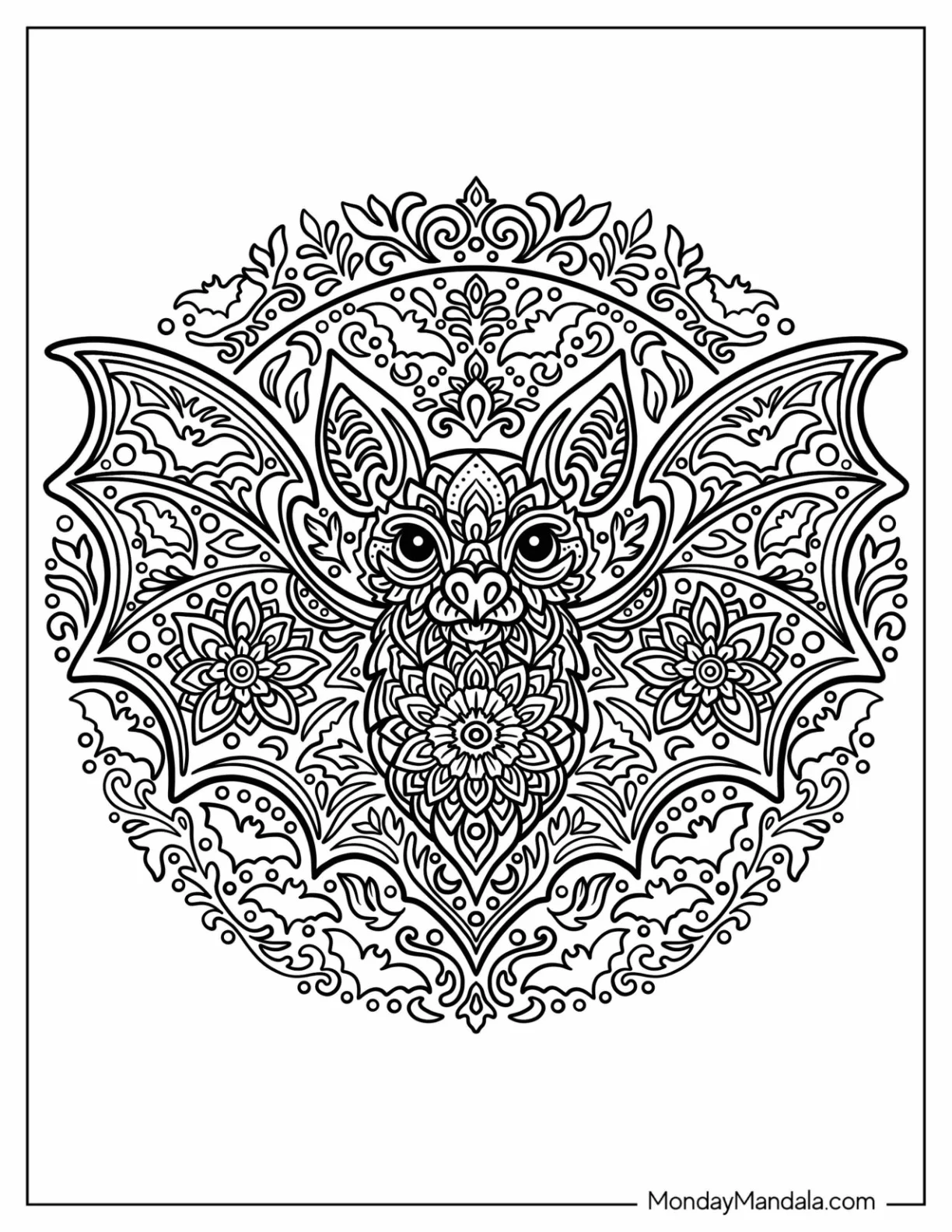 Detailed Bat Coloring Page Mandala with Floral Designs coloring page