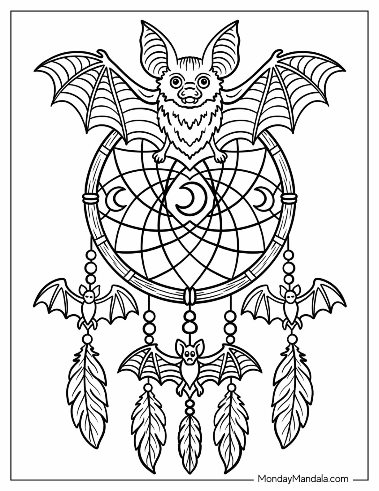 Detailed Bat Dreamcatcher with Halloween Designs coloring page