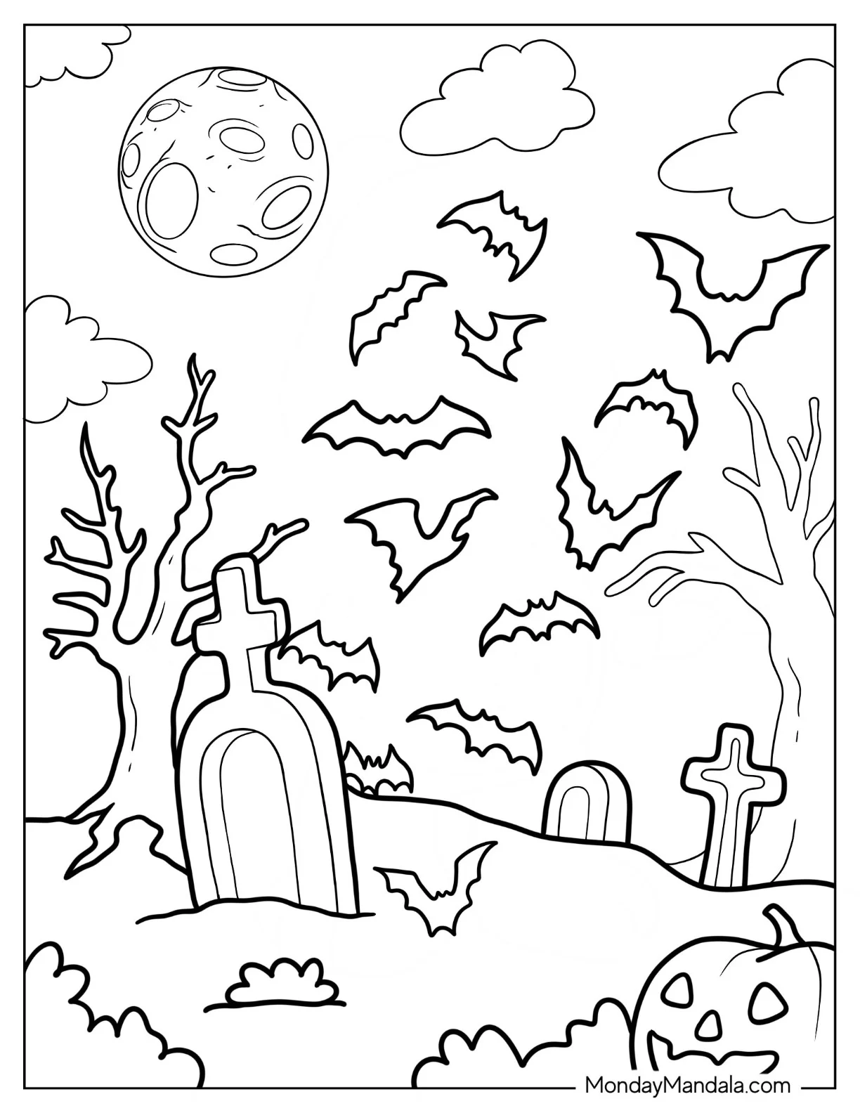 Halloween Graveyard With Bats Coloring Page In The Sky coloring page