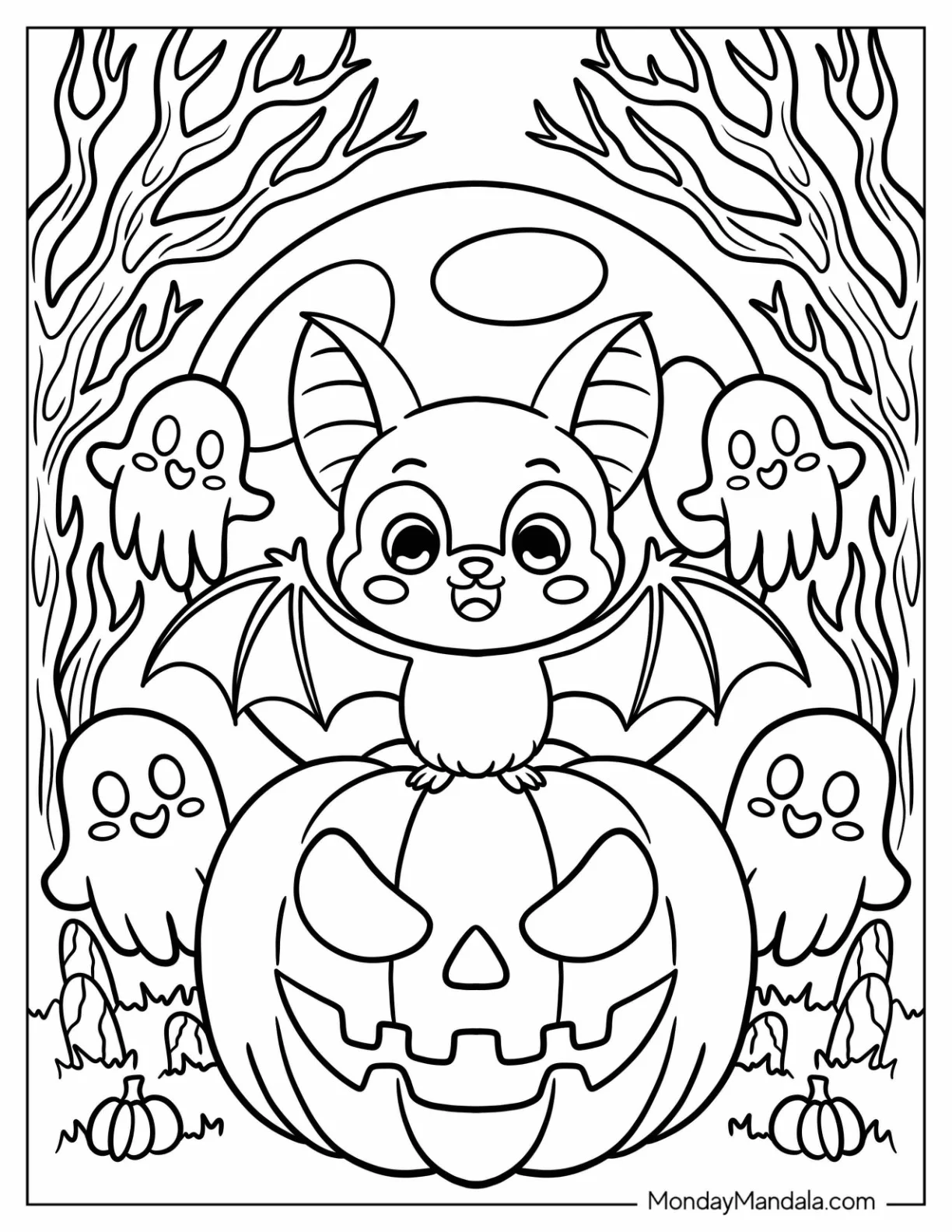 Happy Bat Coloring Page on a Jack O Lantern with Tiny Ghosts for Kids coloring page