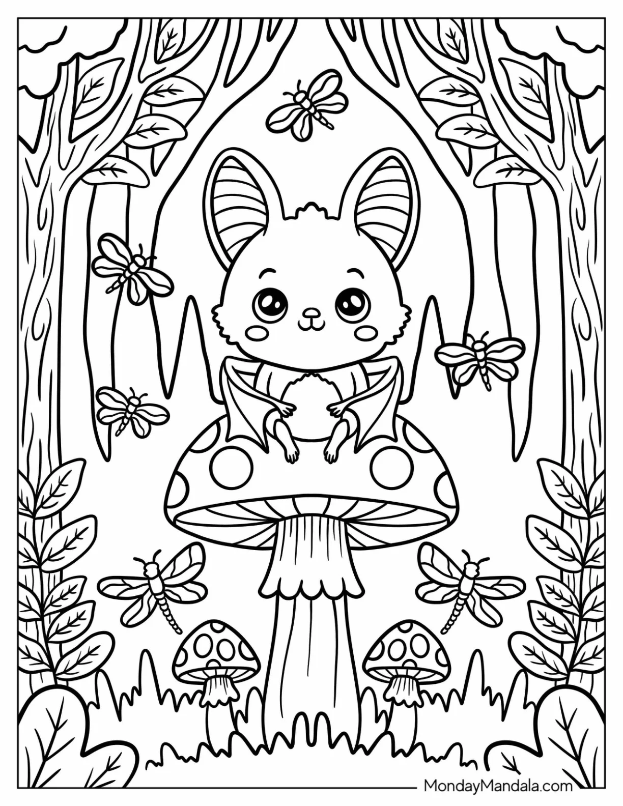 Kawaii Bat Coloring Page Sitting on a Mushroom with Dragonflies for Kids coloring page