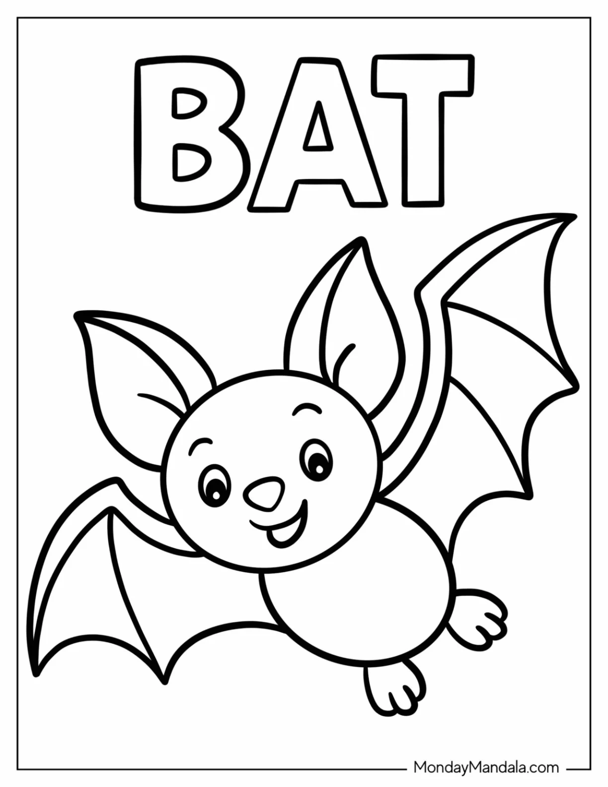 Kawaii Cartoon Bat Coloring Page with Text Flashcard for Kids coloring page — printable line art