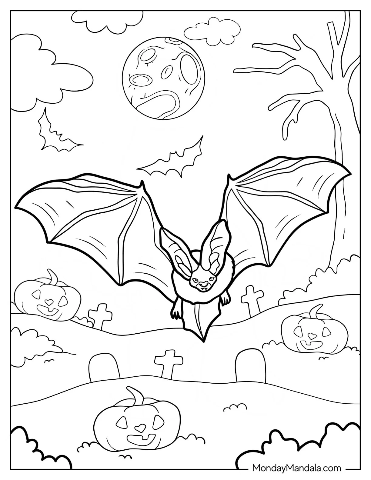 Large Bat Coloring Page Flying Over Tombstones Halloween coloring page