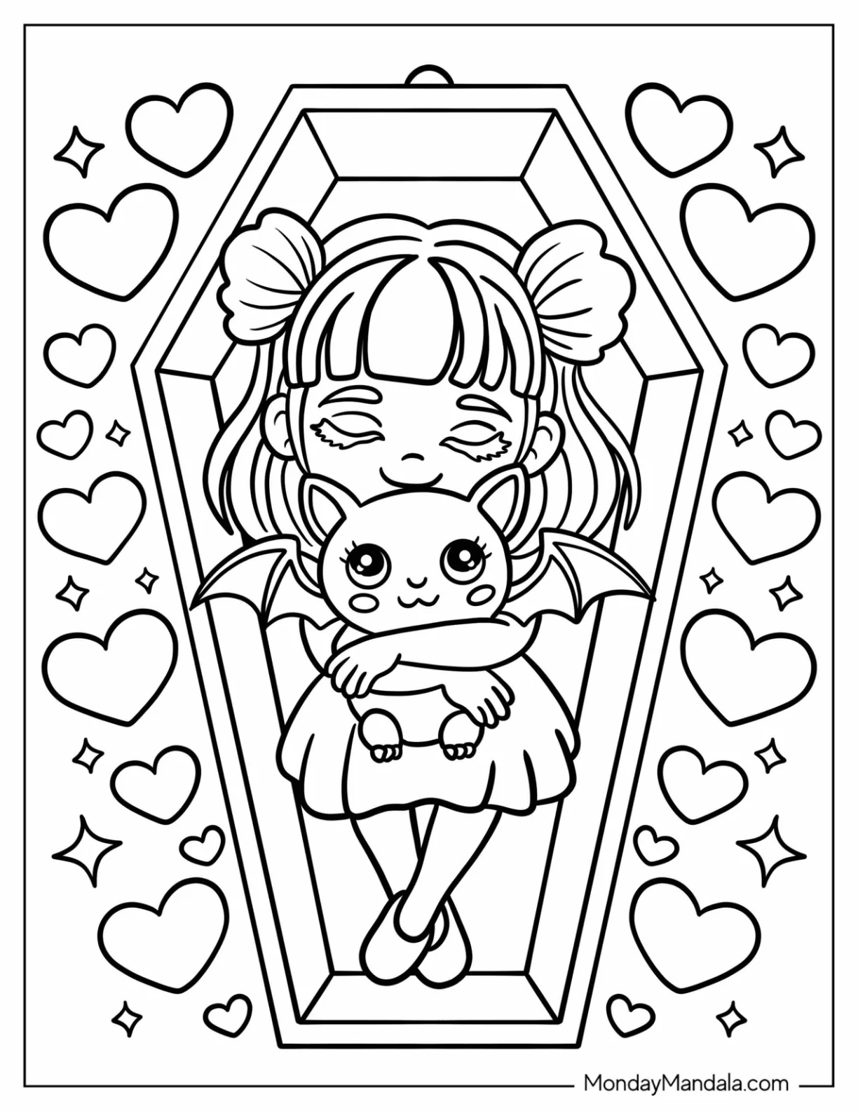 Little Girl in Coffin Hugging a Toy Bat Coloring Page with Love Hearts coloring page — printable line art