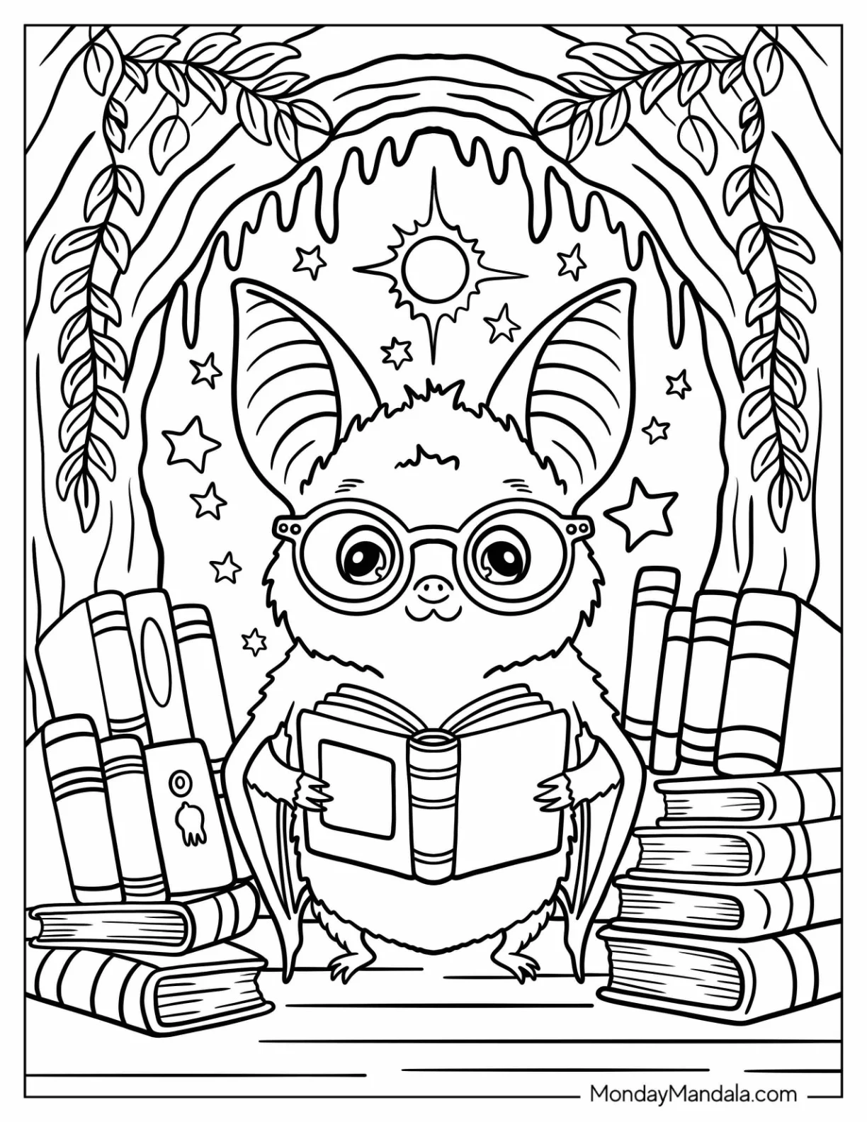 Nerdy Bat Coloring Page Reading a Book in a Cave at Night for Kids coloring page