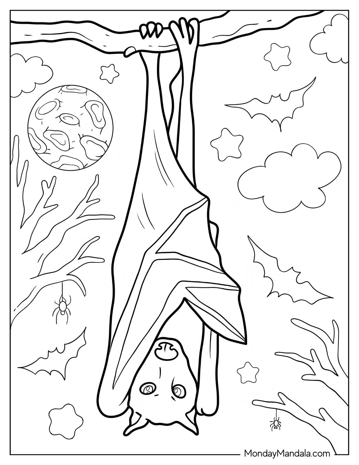 Realistic Bat Coloring Page Perched On Tree coloring page