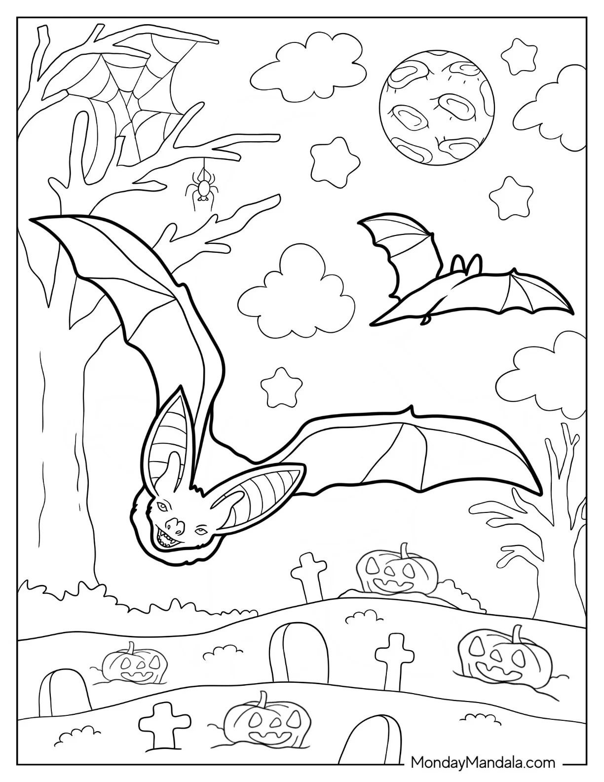 Realistic Bats Coloring Page Flying In Cemetery coloring page