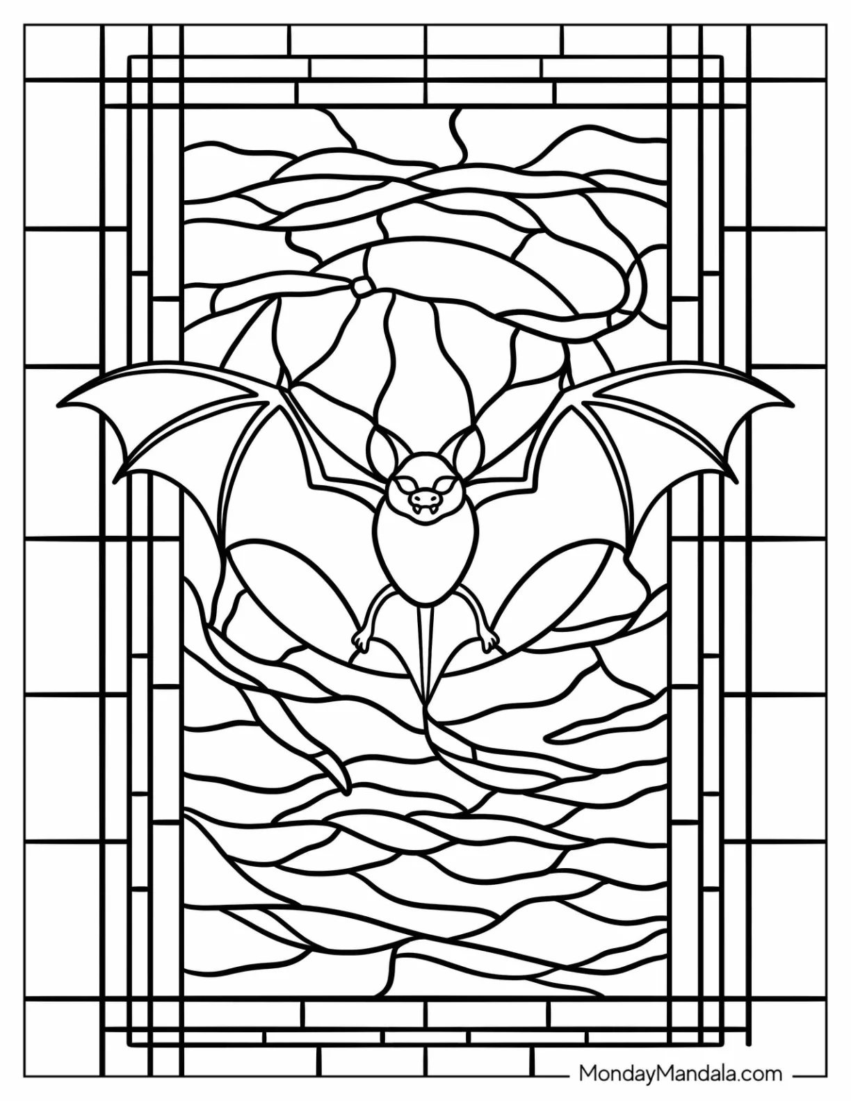 Scary Bat Coloring Page Flying in the Night Sky Stained Glass coloring page — printable line art