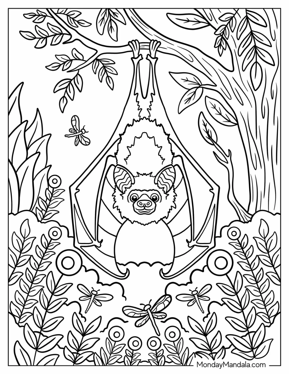 Smiling Bat Coloring Page Hanging from a Tree in the Forest coloring page — printable line art