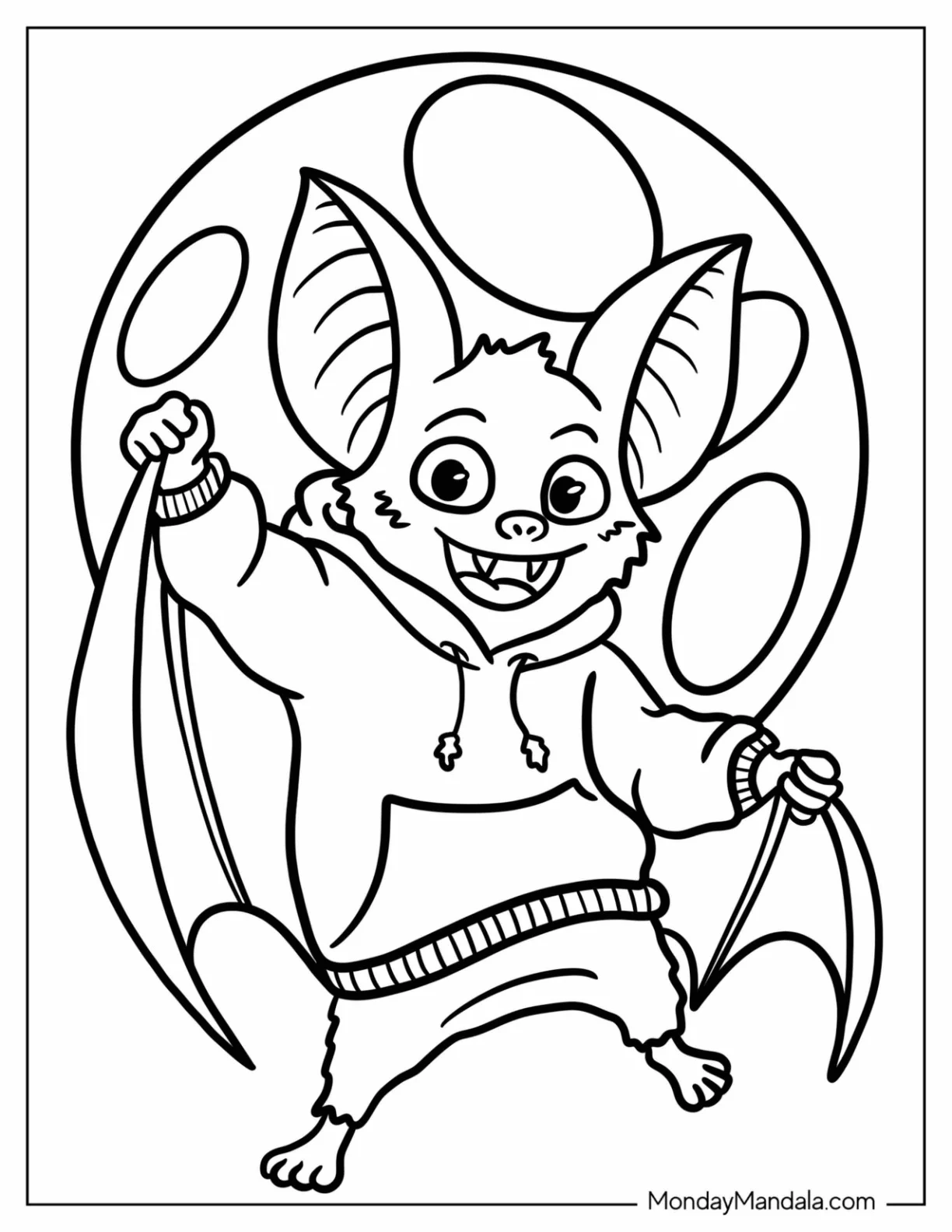 Teenage Bat Coloring Page in a Sweater with Full Moon Background for Kids coloring page — printable line art