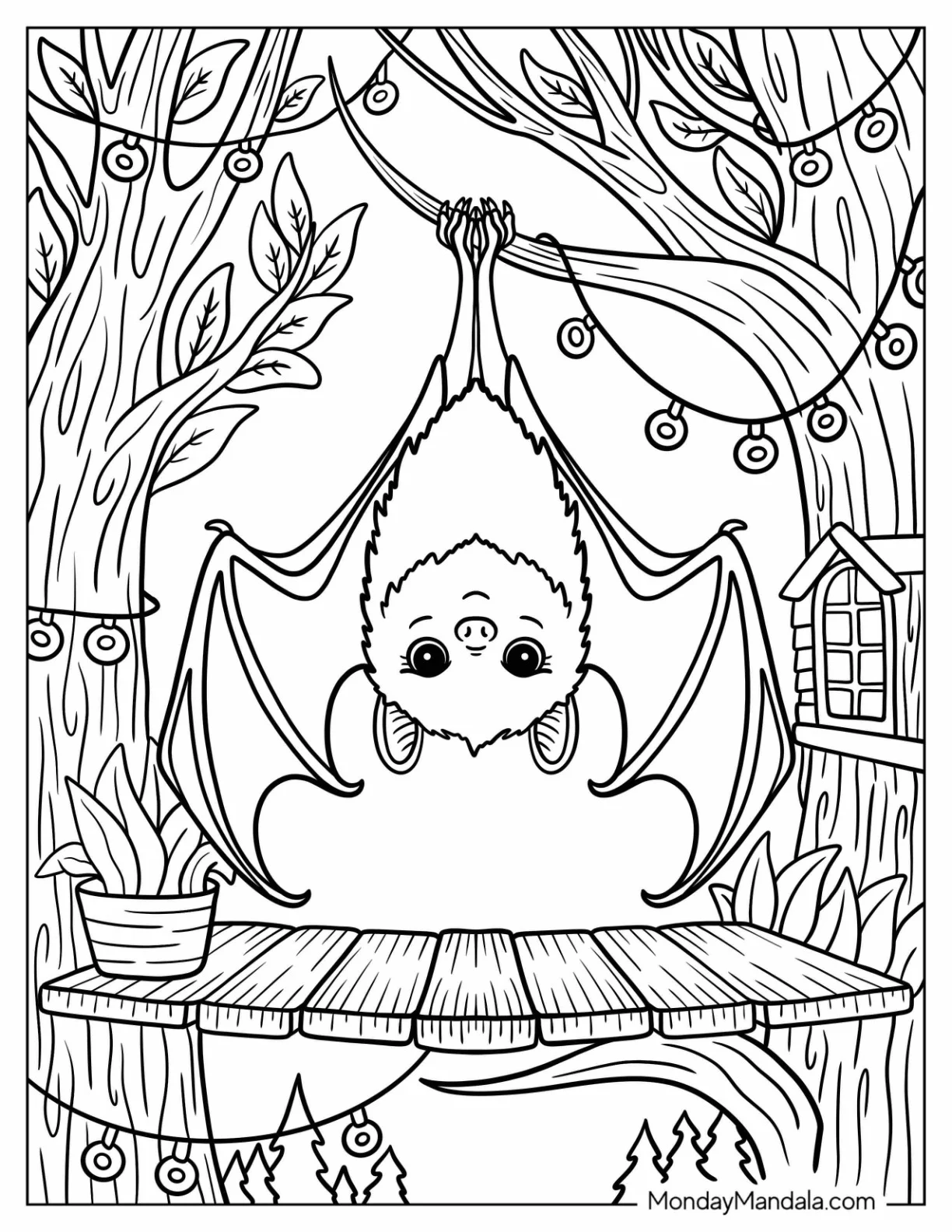 Tiny Bat Coloring Page Hanging Upside Down in a Cozy Cave coloring page — printable line art