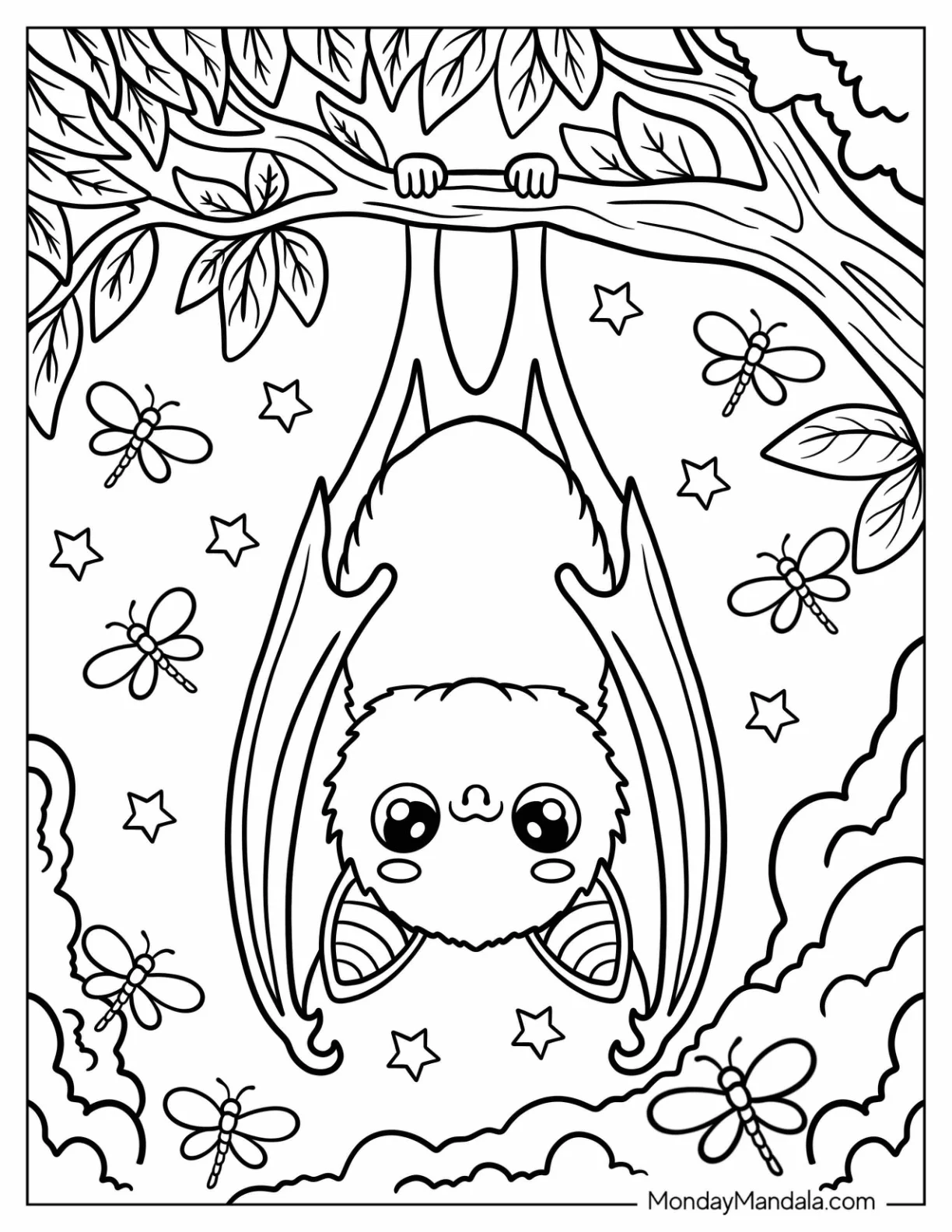 Upside Down Bat Coloring Page on a Tree with Stars and Dragonfly for Kids coloring page — printable line art