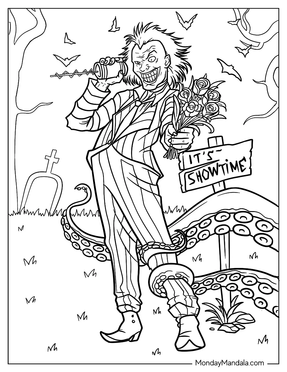 Beetlejuice Coloring Page Holding Flower Bouquet coloring page