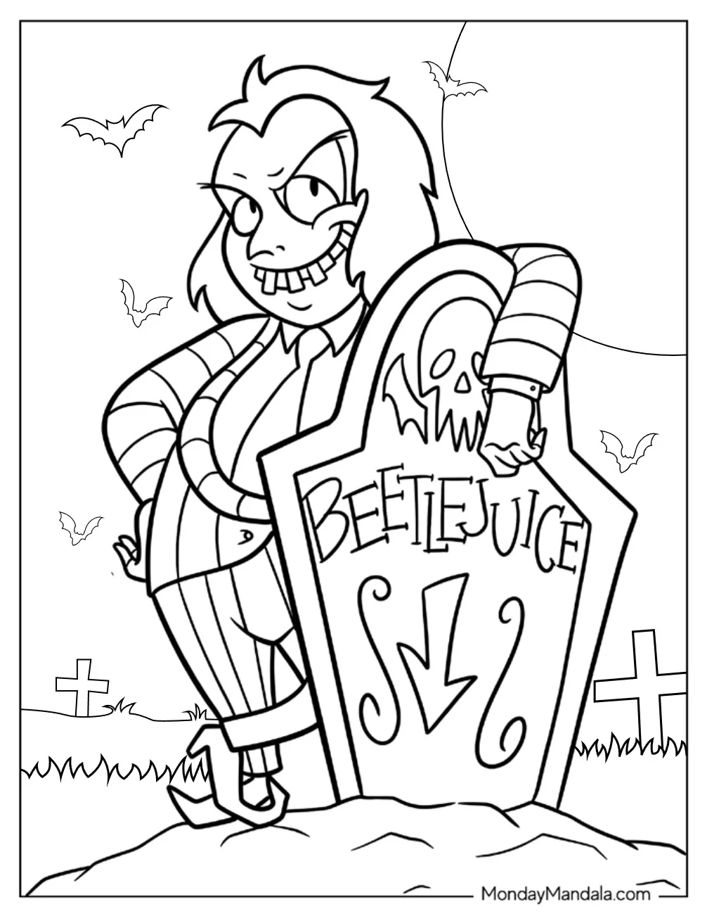 Beetlejuice Coloring Page Next To Tombstone For Kids coloring page