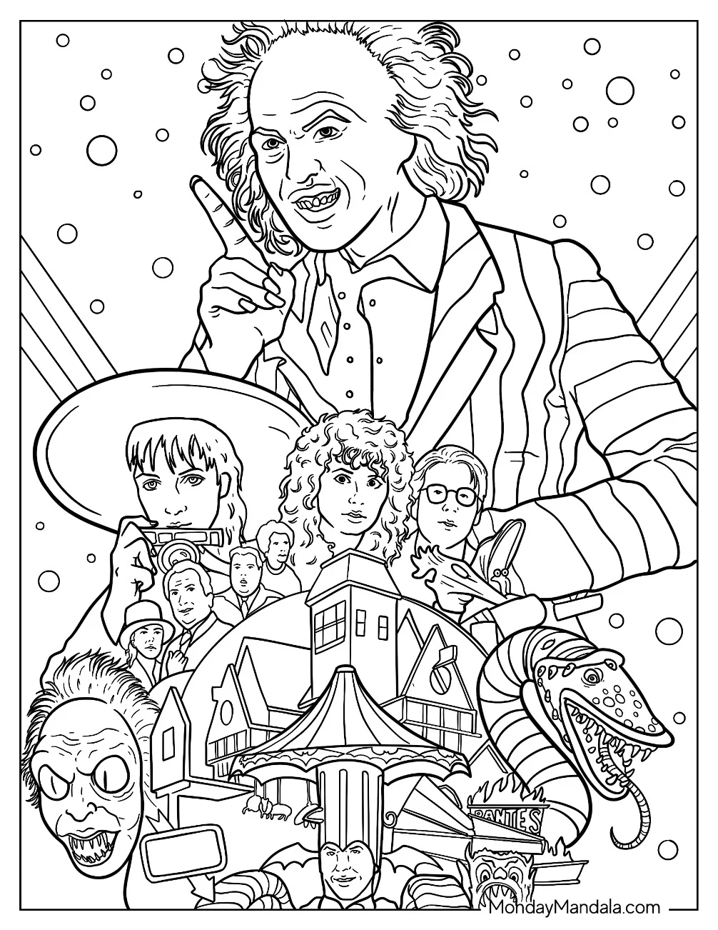 Beetlejuice Coloring Page With Lydia Deetz And Adam And Barbara Maitland coloring page