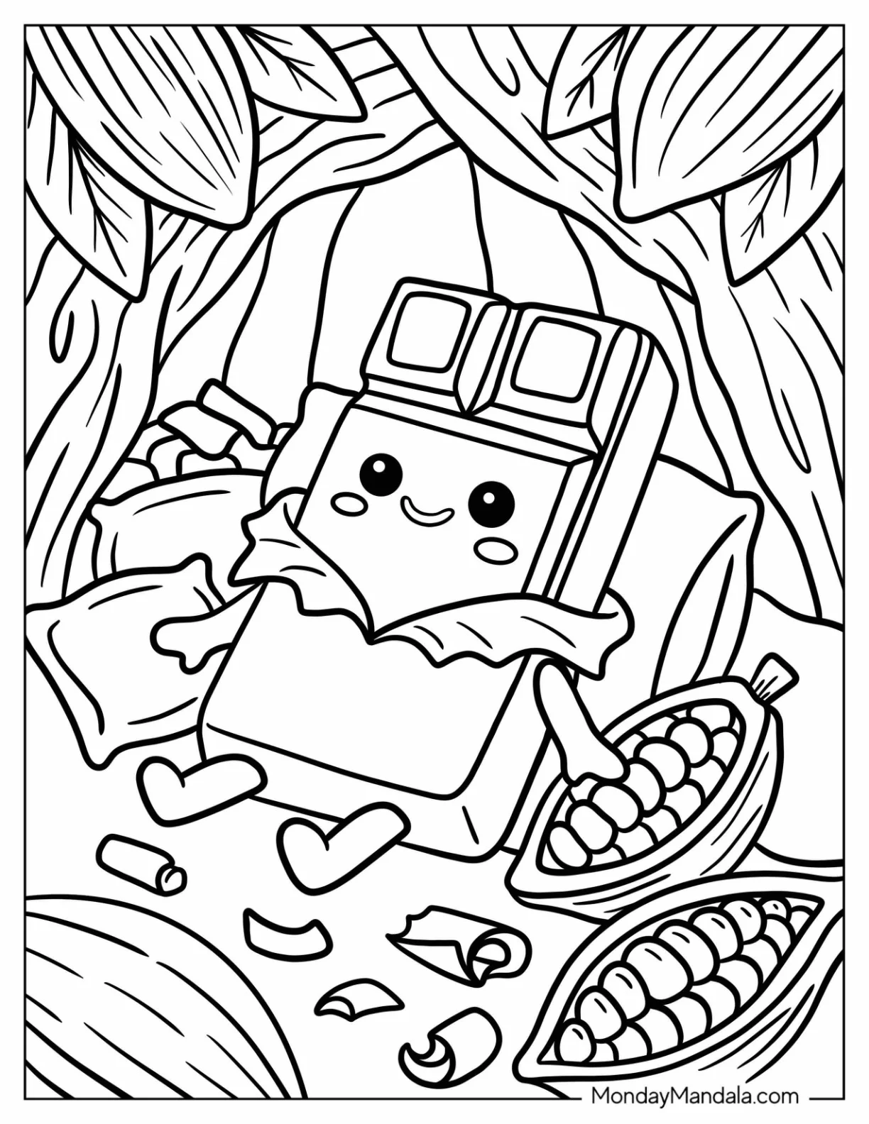 Candy Coloring Page of Cute Chocolate Bar Relaxing with Cocoa Pods coloring page — printable line art