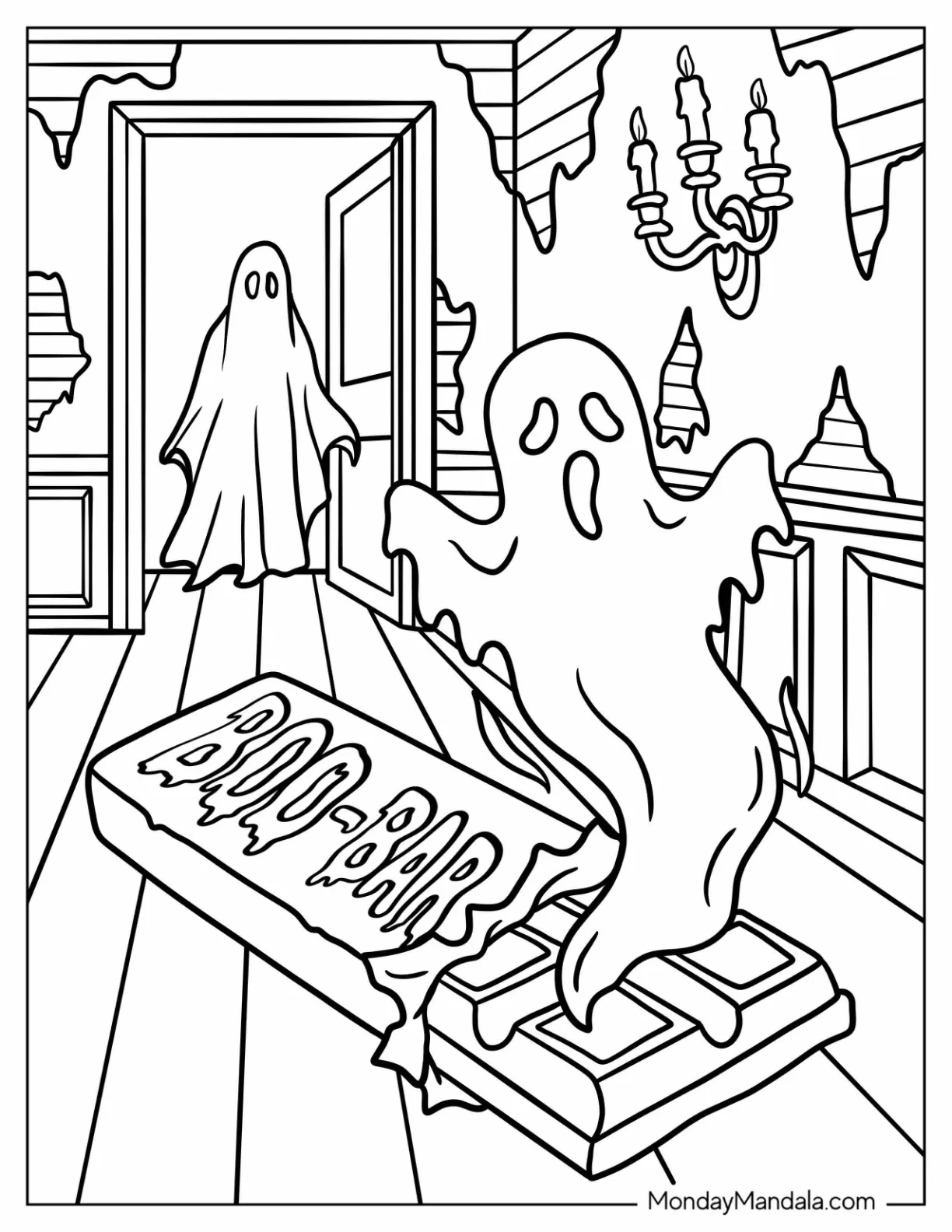 Candy Coloring Page of Ghost Rising From Chocolate Boo Bar coloring page — printable line art
