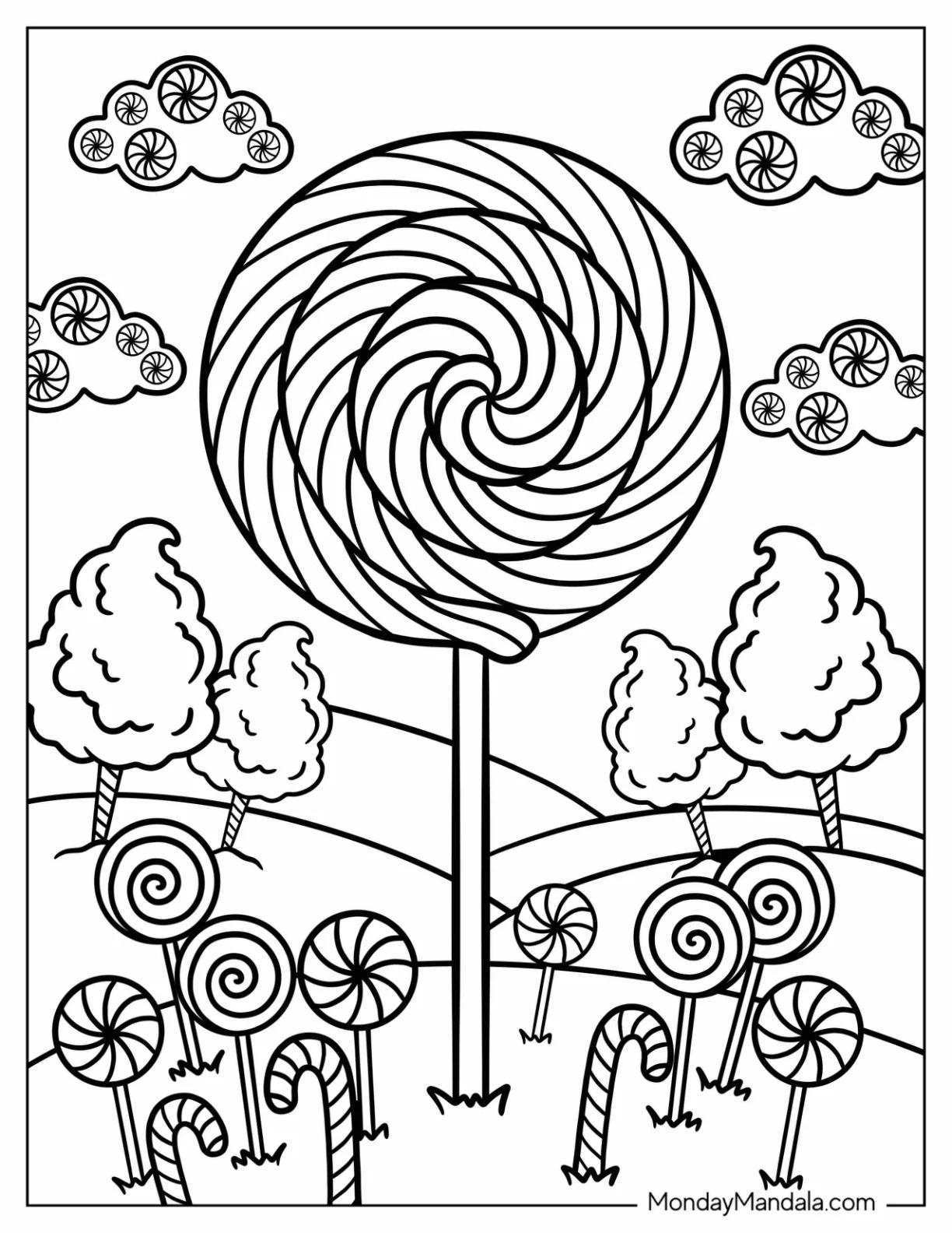 Candy Coloring Page of Giant Swirl Pops with Candy Canes and Lollipops on a Field coloring page — printable line art