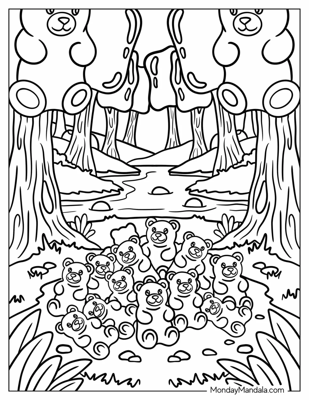 Candy Coloring Page of Gummy Bear Forest Under Candy Trees coloring page — printable line art