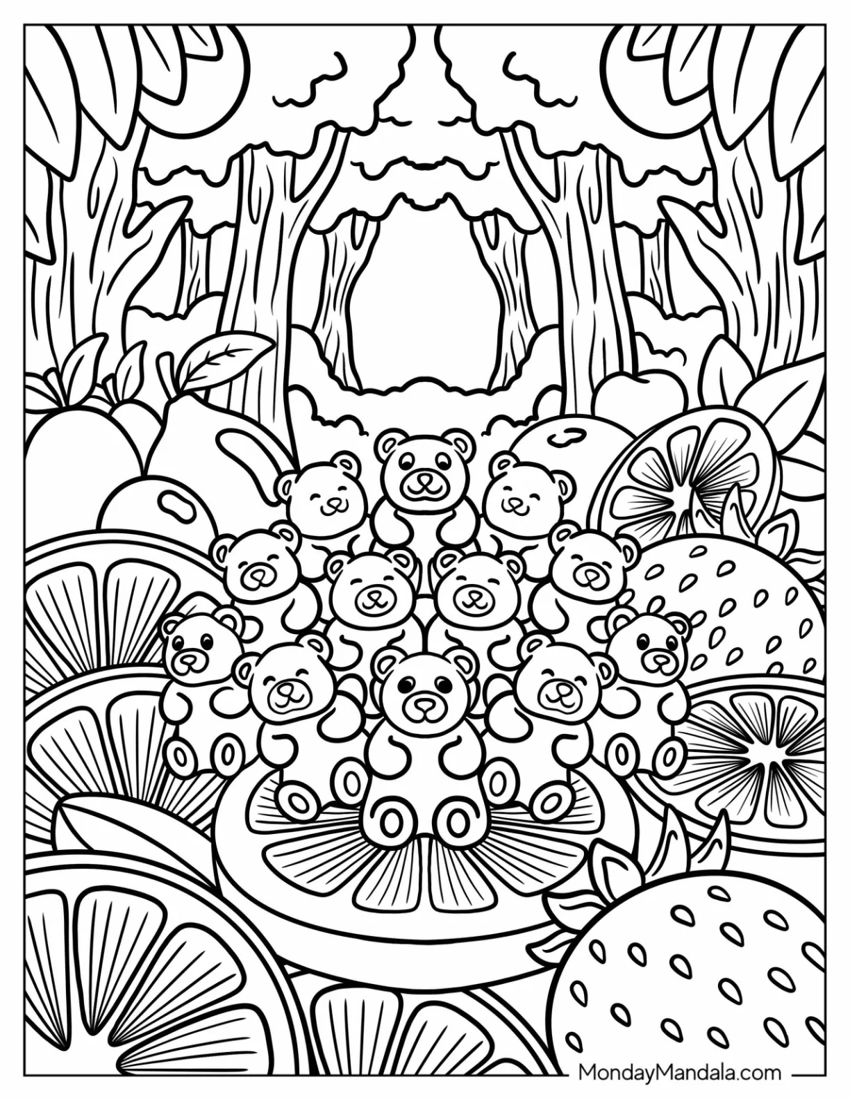 Candy Coloring Page of Gummy Bears in Candy Forest coloring page — printable line art