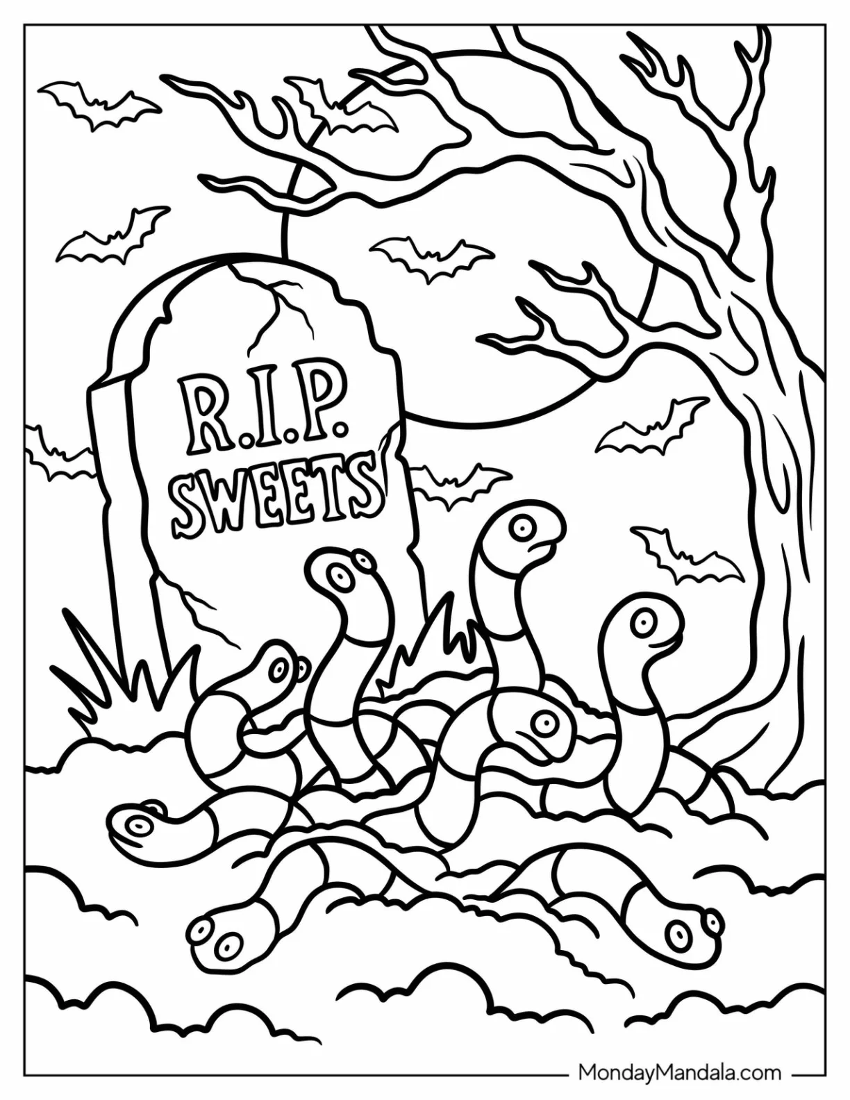 Candy Coloring Page of Gummy Worms Rising From The Grave coloring page