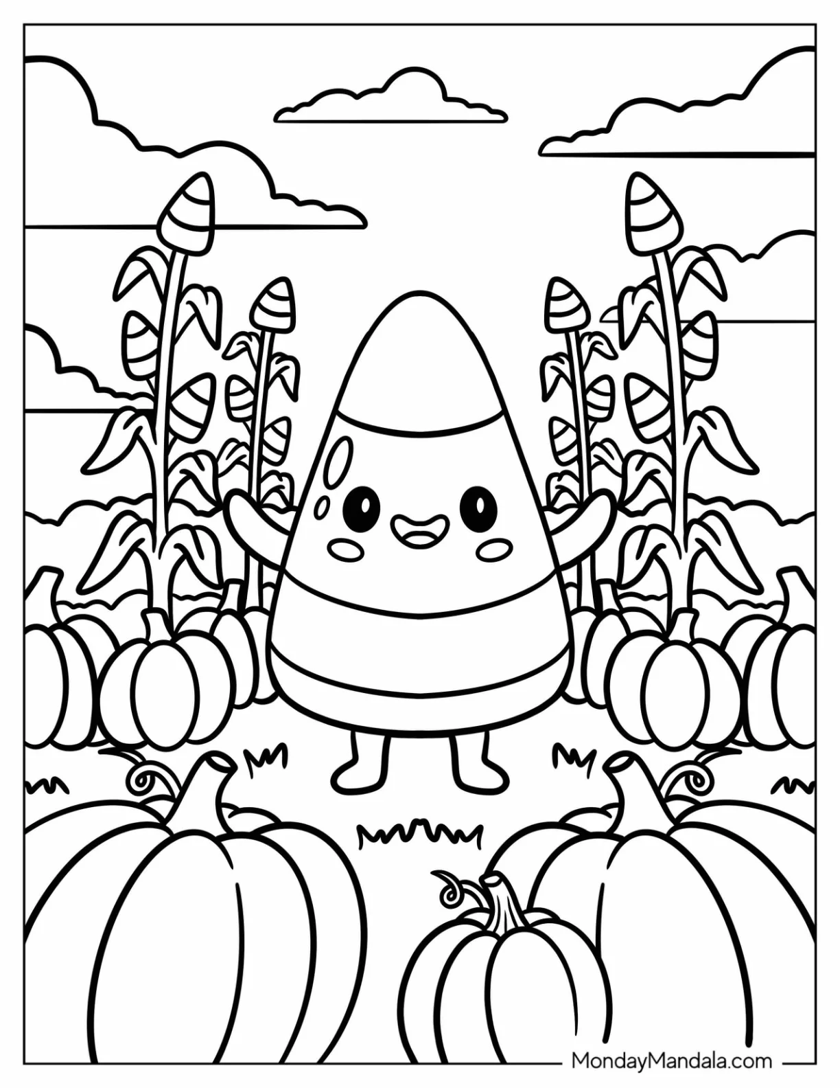Candy Coloring Page of Kawaii Candy Corn with Pumpkins for Kids coloring page — printable line art