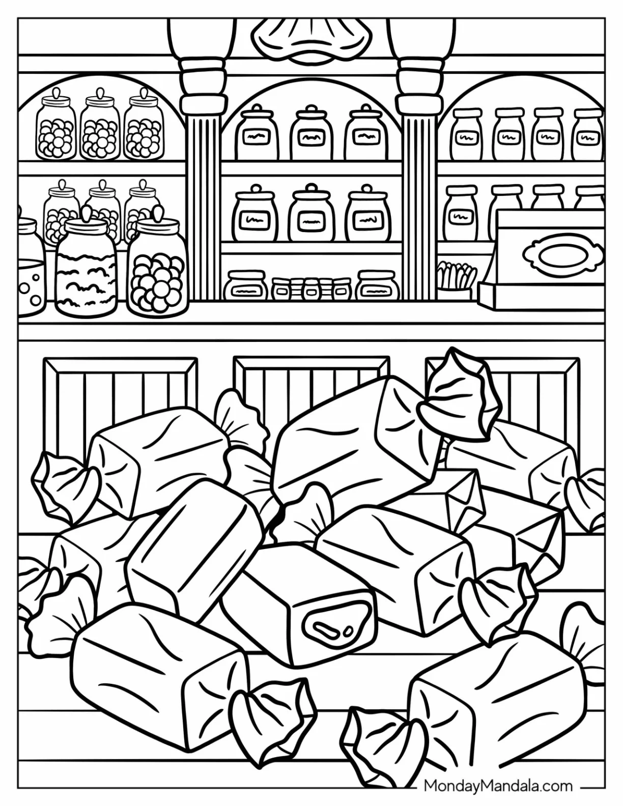 Candy Coloring Page of Old Fashioned Candy Shop Taffy Display coloring page — printable line art