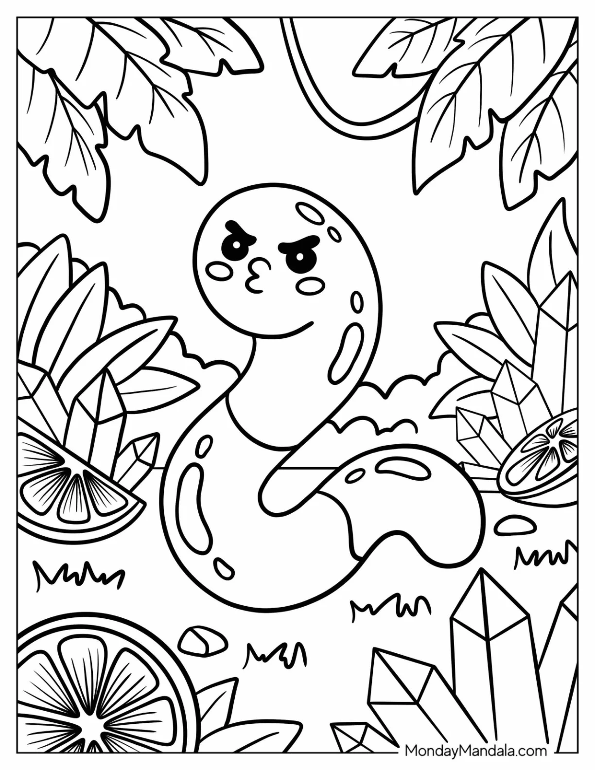 Candy Coloring Page of Sassy Gummy Worm in Candy Garden for Kids coloring page — printable line art