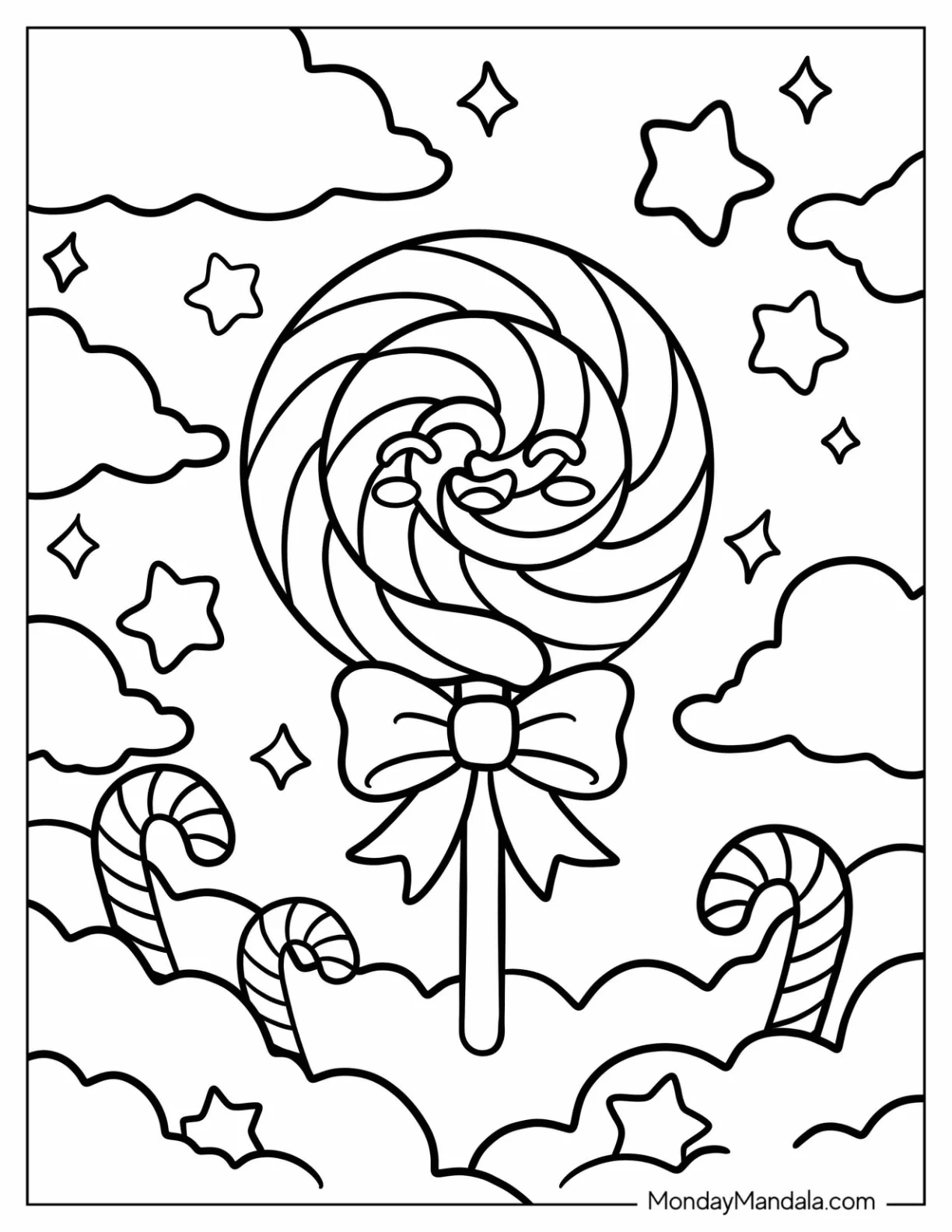 Candy Coloring Page of Swirled Lollipop in Candy Sky for Kids coloring page