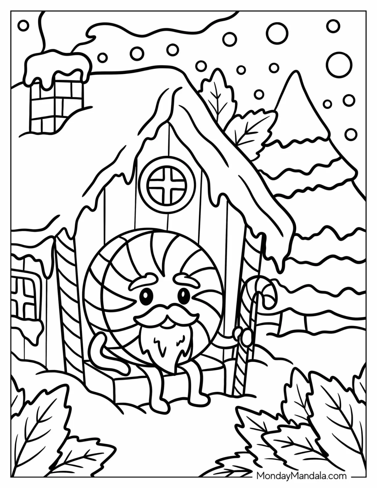 Candy Coloring Page of Swirly Candy Sitting Outside a Winter Cottage coloring page
