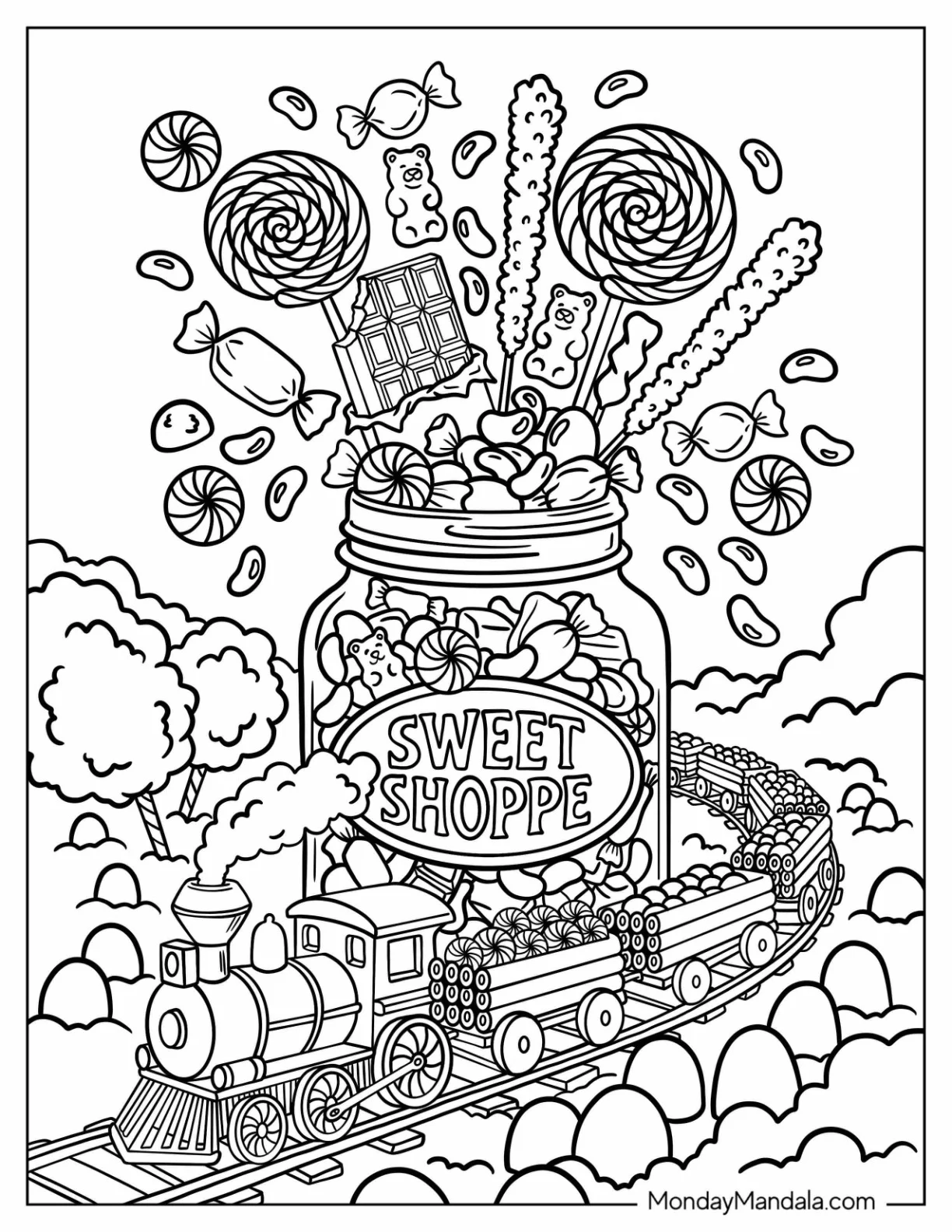 Candy Coloring Page of Train Passing By Sweet Shoppe Candy Jar Bursting With Sweets coloring page