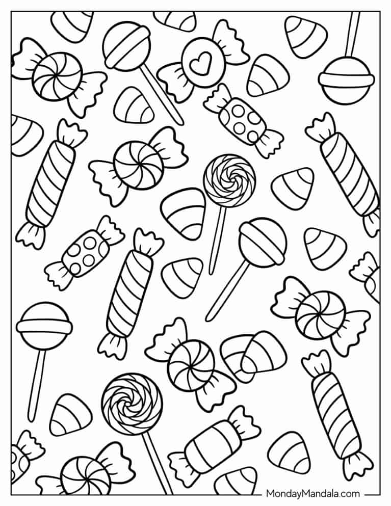 Full Page Of Assorted Candies To Color coloring page — printable line art