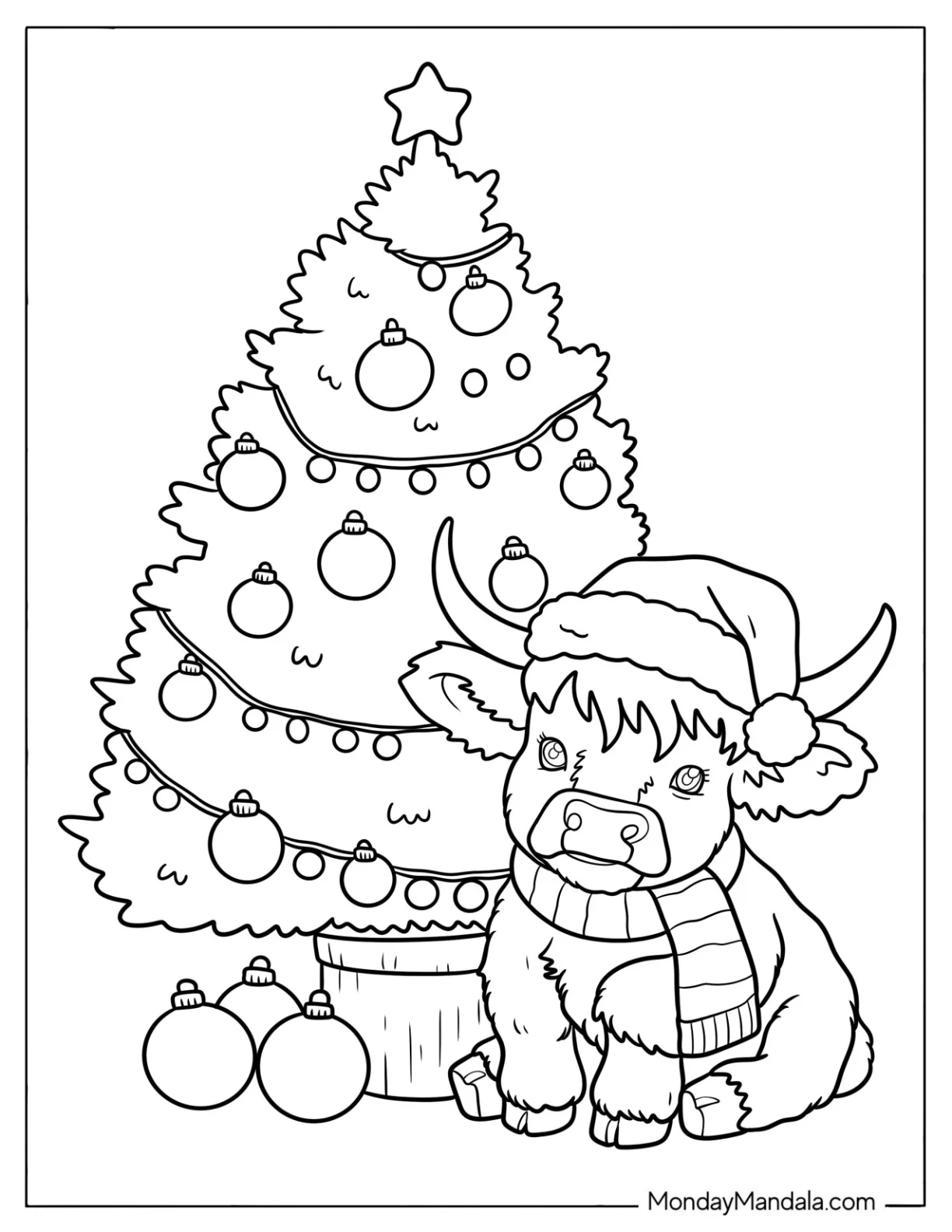 Adorable Baby Cow Sitting Next to a Christmas Tree coloring page
