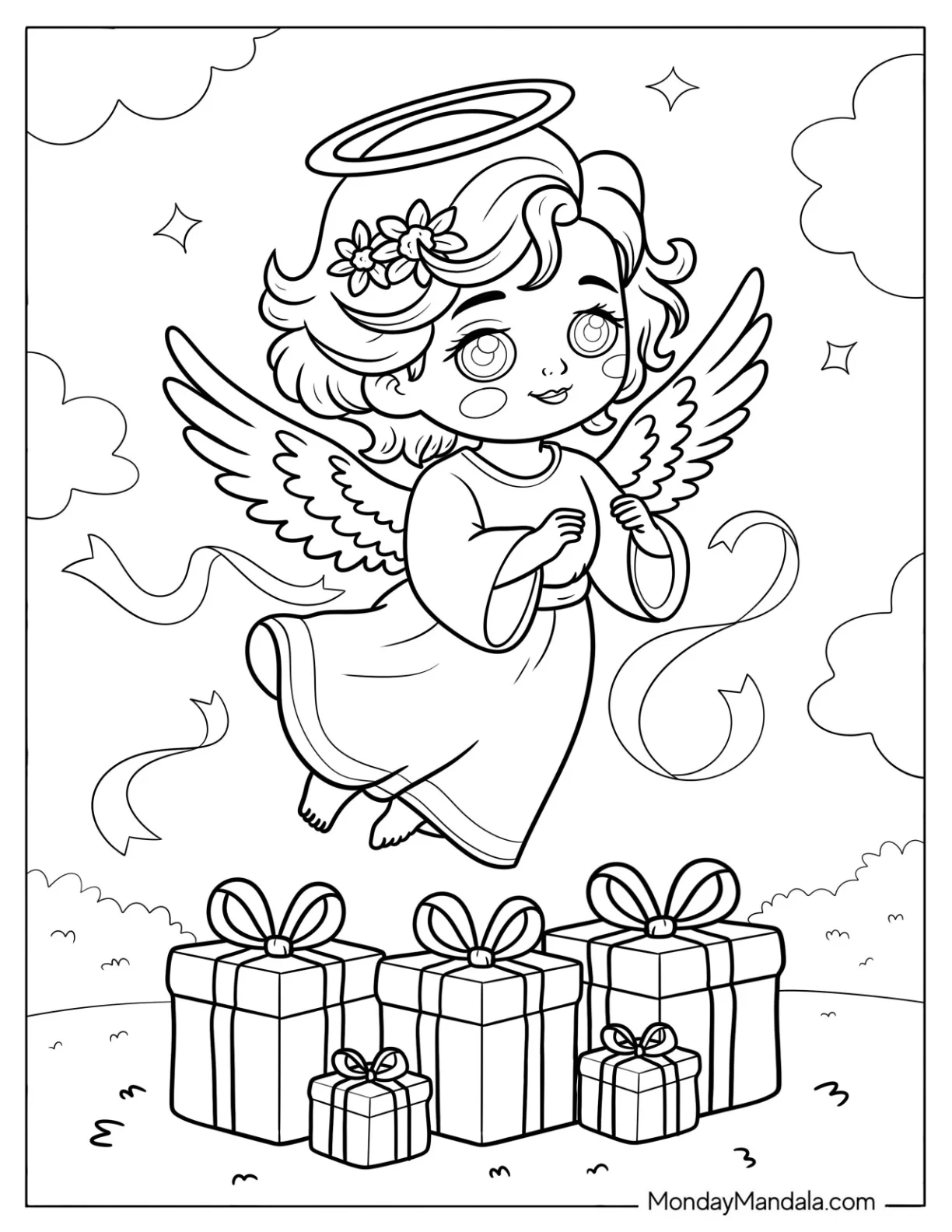 Beautiful Angel Flying Over Christmas Presents Coloring Sheet coloring page