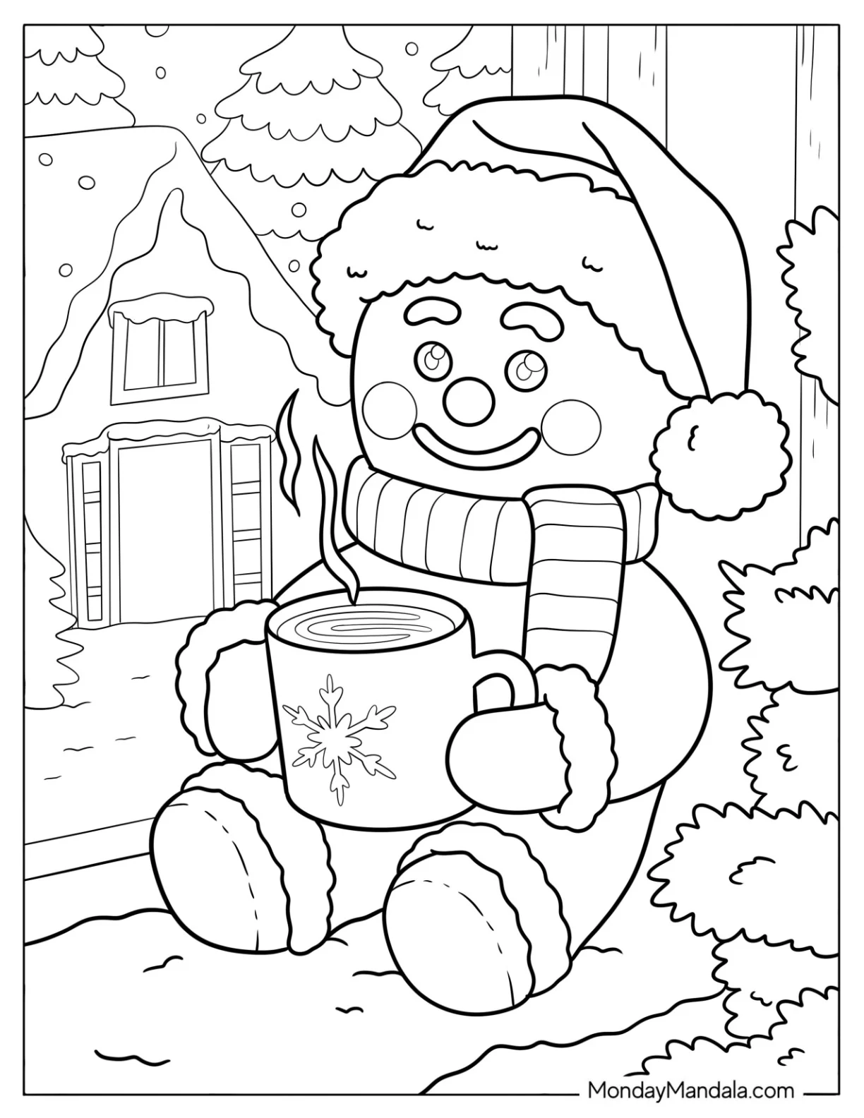 Cheerful Gingerbread Man Drinking Hot Chocolate in Winter Coloring Page coloring page