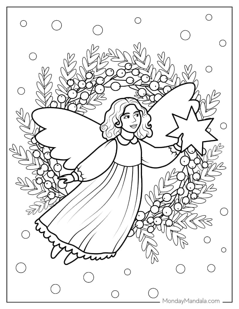 Christmas coloring page of Angel In Front Of Christmas Wreath coloring page