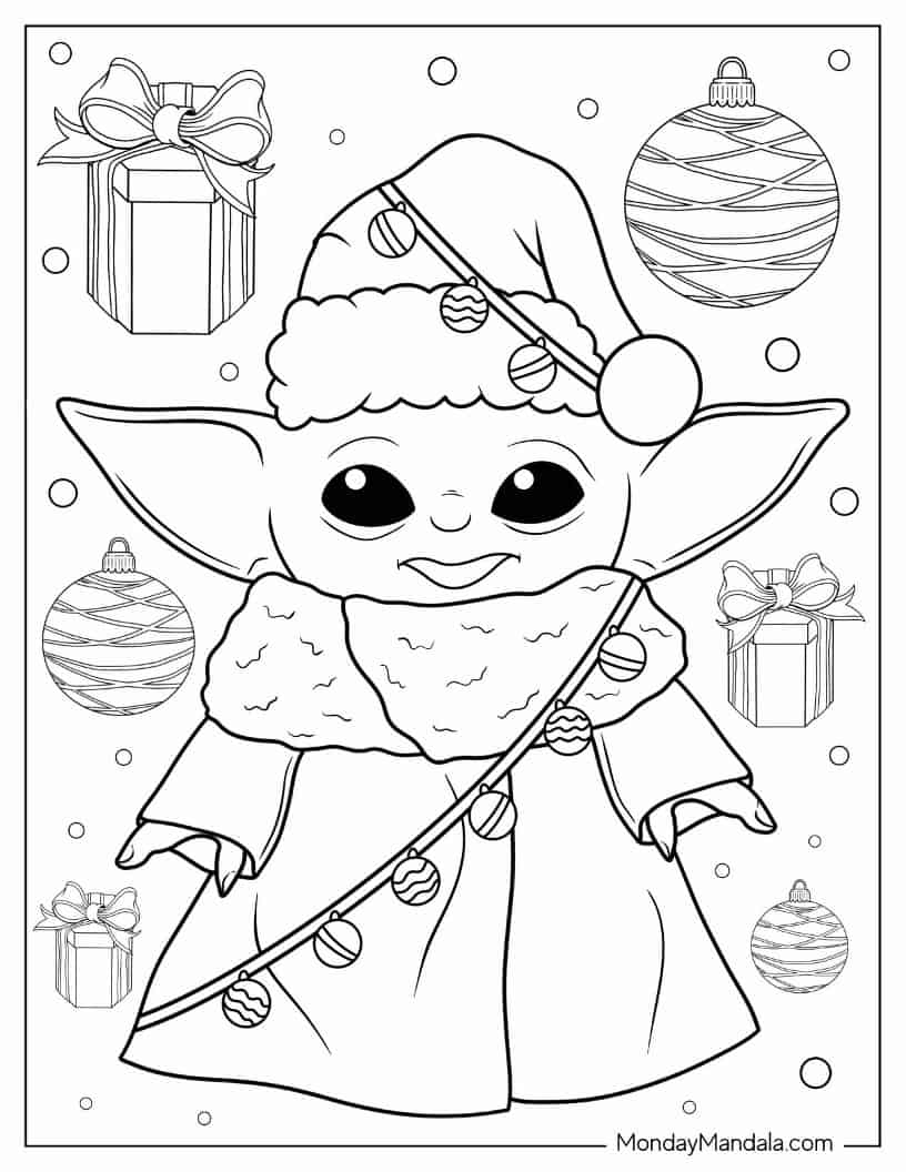 Christmas coloring page of Baby Yoda With Christmas Lights coloring page