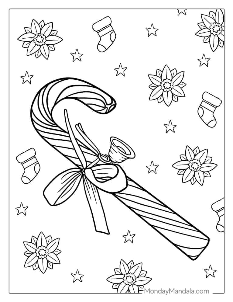 Christmas coloring page of Candy Cane With Bow And Bell coloring page
