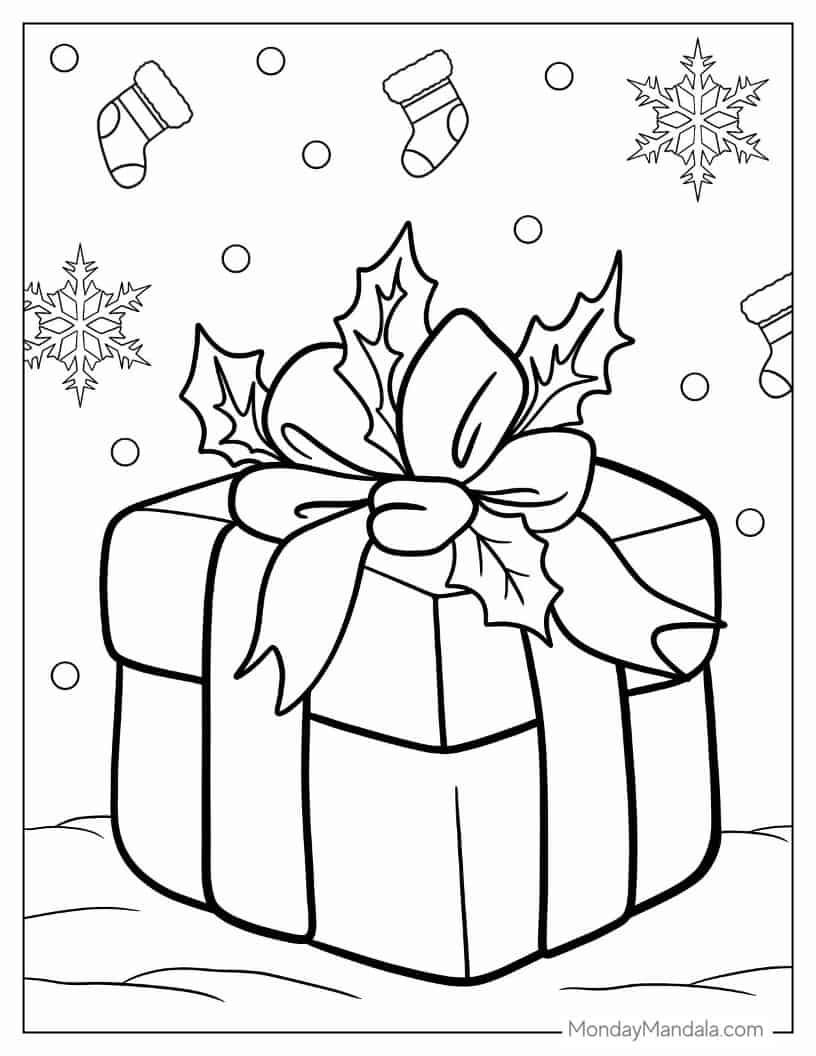 Christmas coloring page of Christmas Present With Bow And Mistletoe coloring page