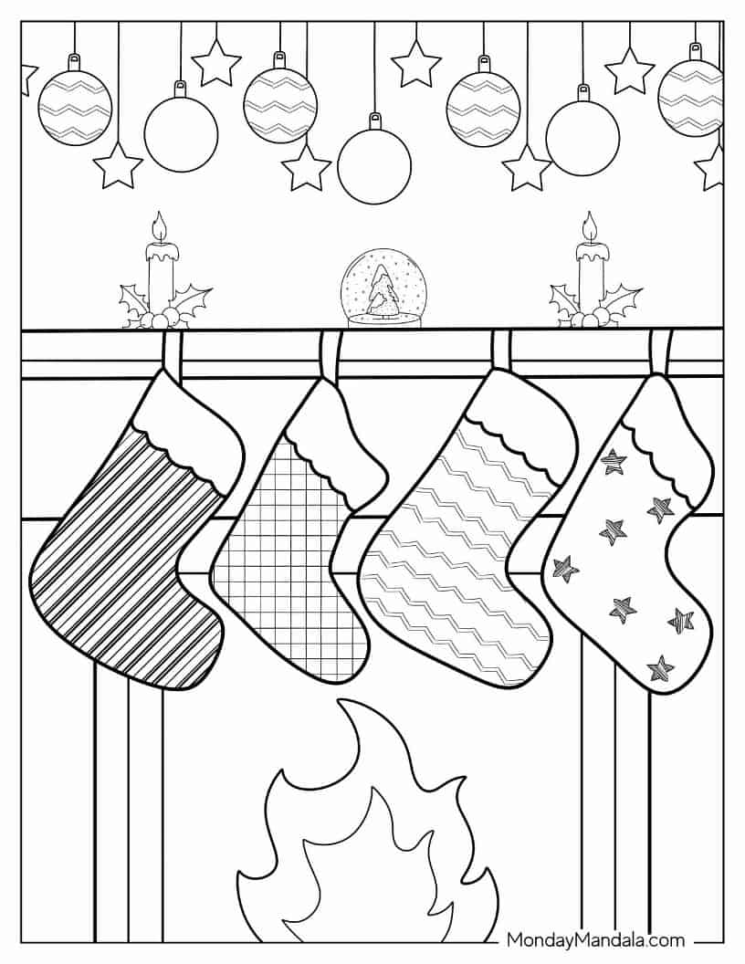 Christmas coloring page of Christmas Stockings On Fireplace coloring page