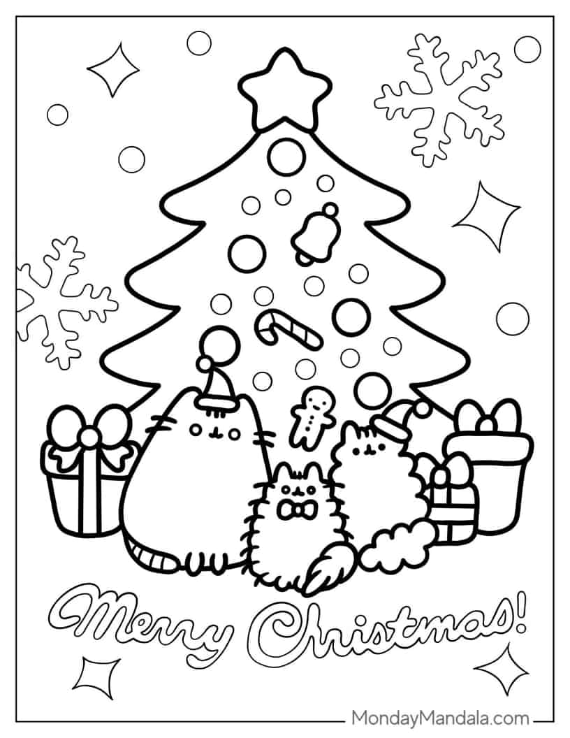 Christmas coloring page of Cute Pusheen In Front Of Christmas Tree coloring page