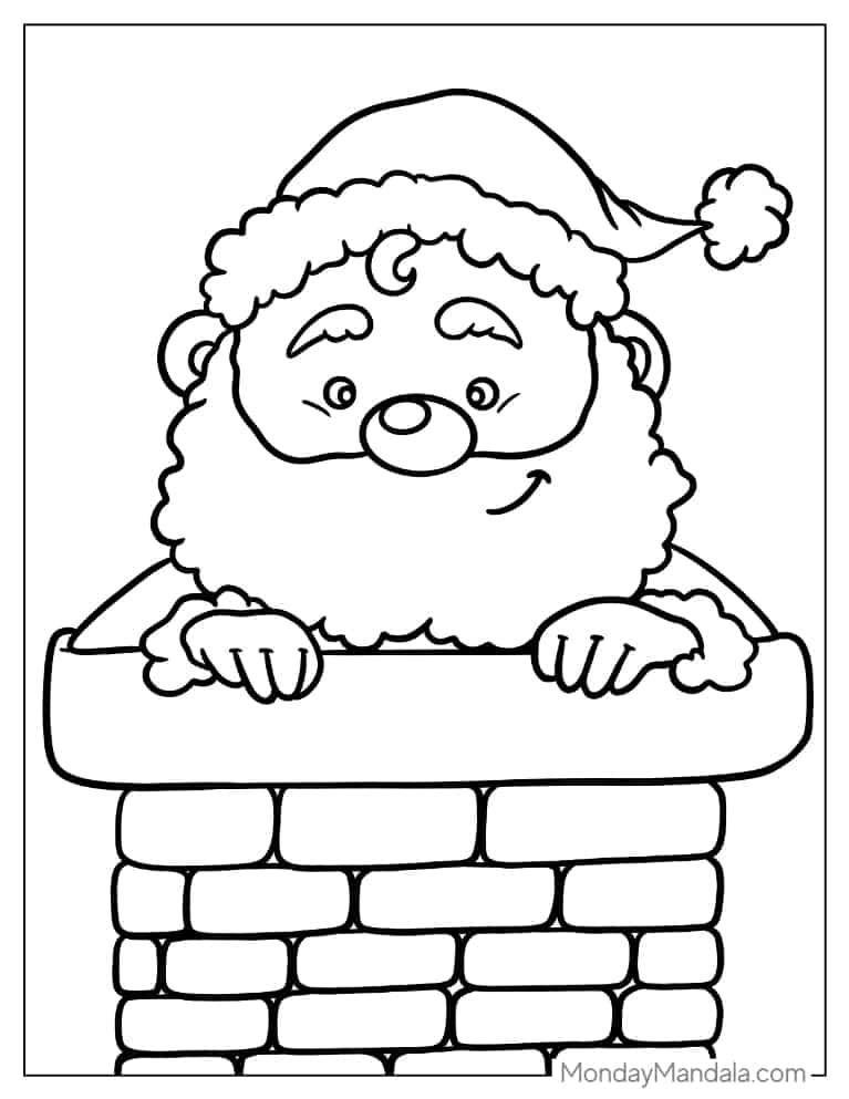 Christmas coloring page of Cute Santa Going Down The Chimney coloring page