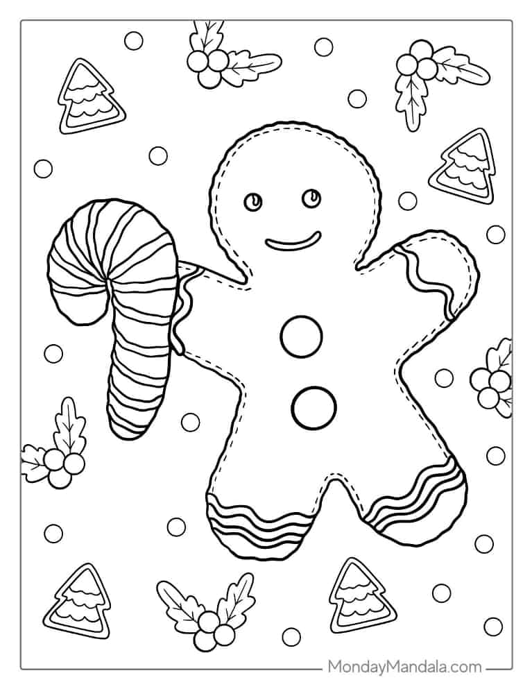 Christmas coloring page of Gingerbread Man Holding Cane coloring page