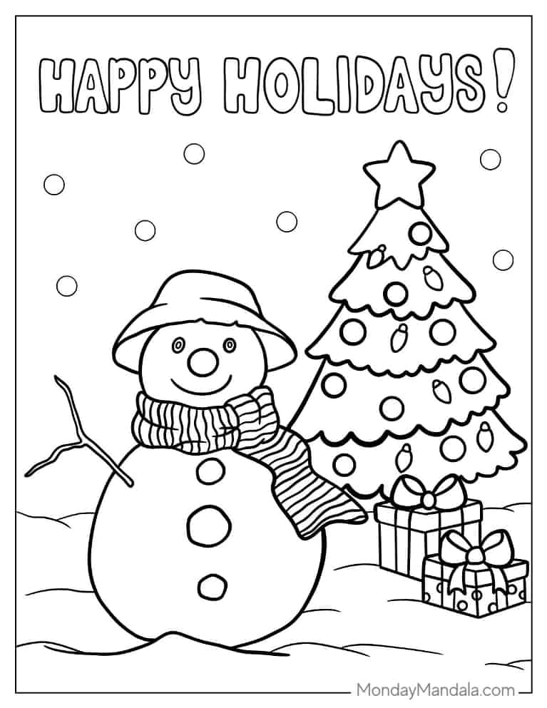 Christmas coloring page of Happy Holidays Snowman And Christmas Tree coloring page