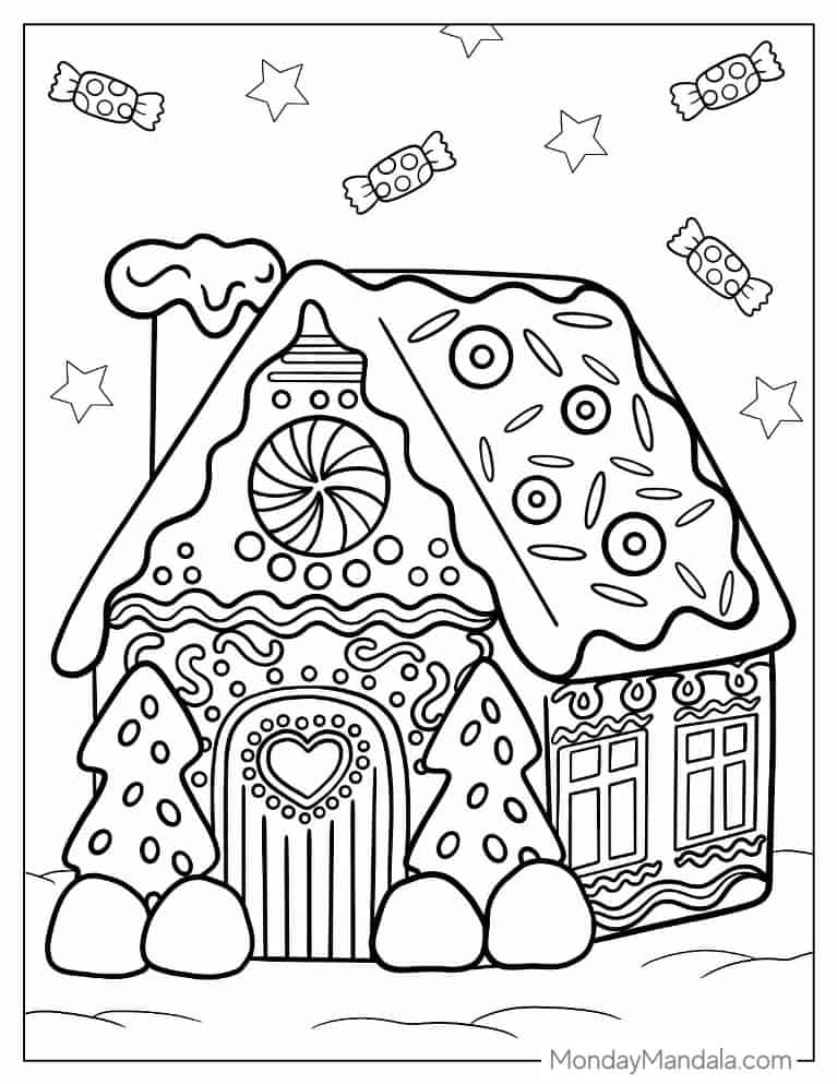 Christmas coloring page of Kawaii Gingerbread House For Preschoolers coloring page