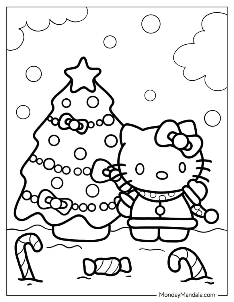 Christmas coloring page of Kawaii Hello Kitty Decorating Christmas Tree coloring page