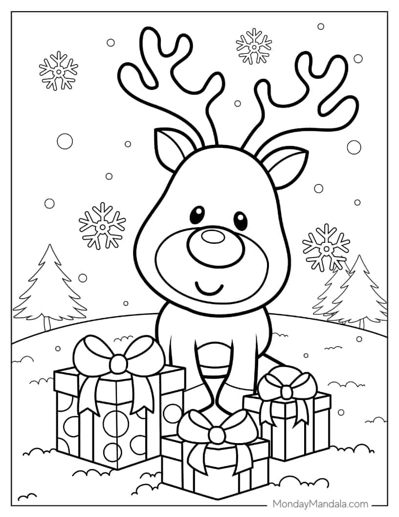 Christmas coloring page of Kawaii Rudolph With Presents coloring page